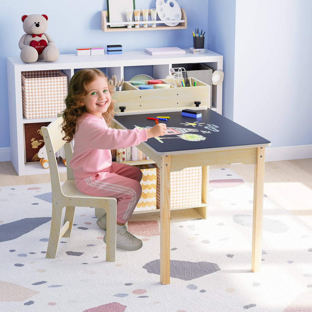 Puecrof Kinder Kreativtisch mit Stuhl aus Massivholz – Multifunktioneller Lern- & Spieltisch mit Stauraum für Kleinkinder ab 12 Monaten | Maltisch für Zuhause mit ergonomischem Kinderstuhl