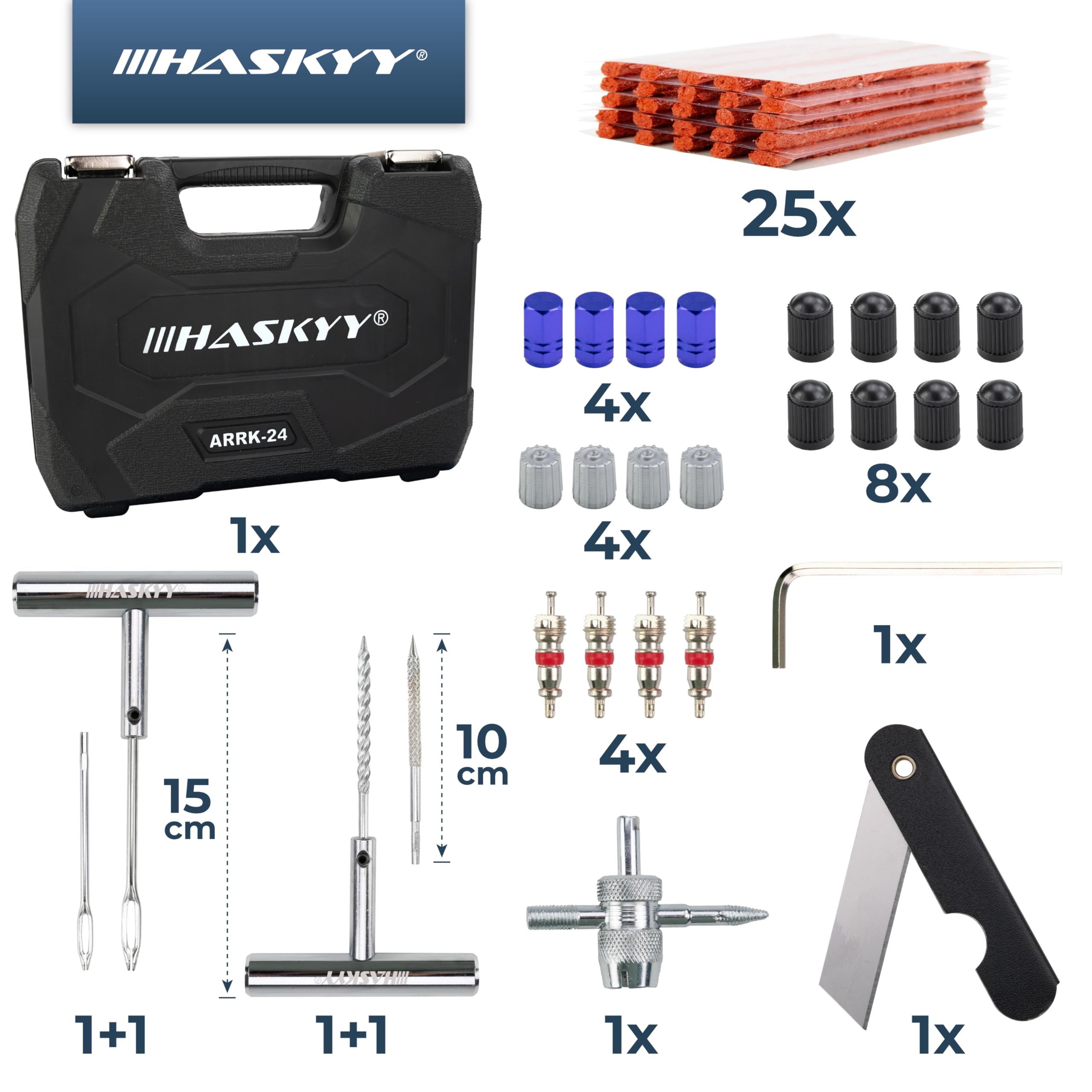 HASKYY Reifenreparaturset Reifenflickzeug Auto Reifen Reparatur Kit 53tlg - All in One Pannenset für Auto, Motorrad, ATV, SUV - Gummistreifen, Ventilwerkzeug, T-Griff & Cutter