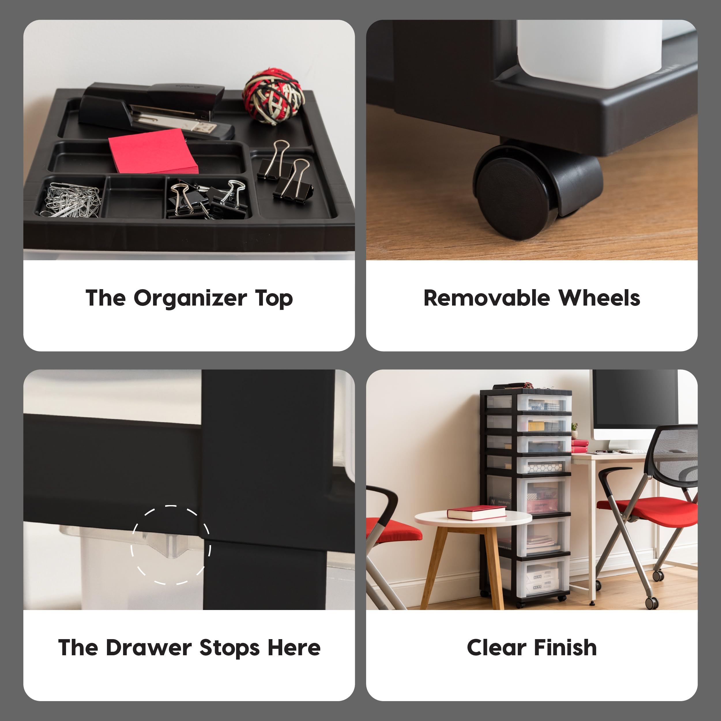 Iris USA Organizer mit Schublade aus Kunststoff, Rollwagen mit Rollen, 7 Schubladen, für Klassenzimmer, Kunsthandwerk, Kommode, Schrank, Badezimmer, Waschküche, Schwarz/Transparent