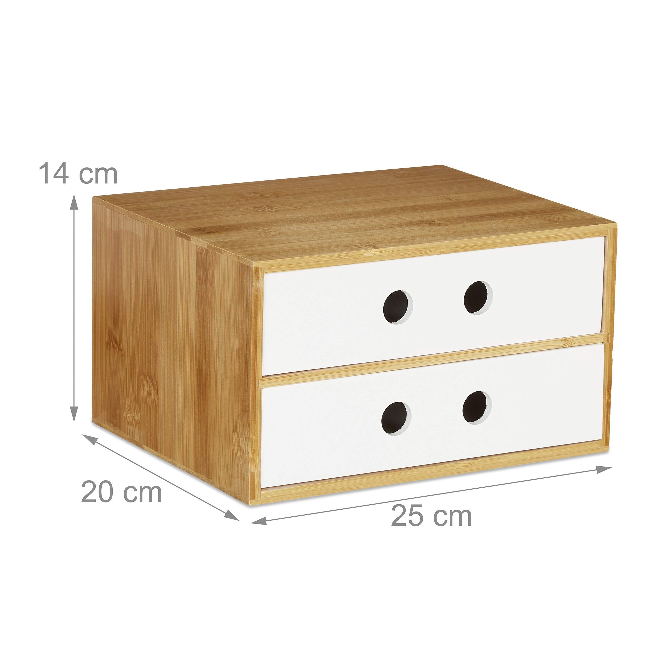 Relaxdays Schreibtisch Organizer, 2 Schubfächer, Bambus & MDF, Aufbewahrungsbox Büro, HxBxT: 14 x 25 x 20 cm, weiß