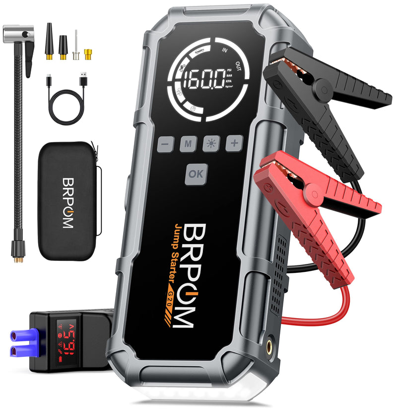 BRPOM Starthilfe Powerbank für Pkw mit Kompressor 160PSI,8000A 26800mAh Auto Starthilfe Powerbank für All Benzin und 12.0L Dieselmotor,Starter Powerbank Eingang/Ausgang und 600LUM LED-Licht
