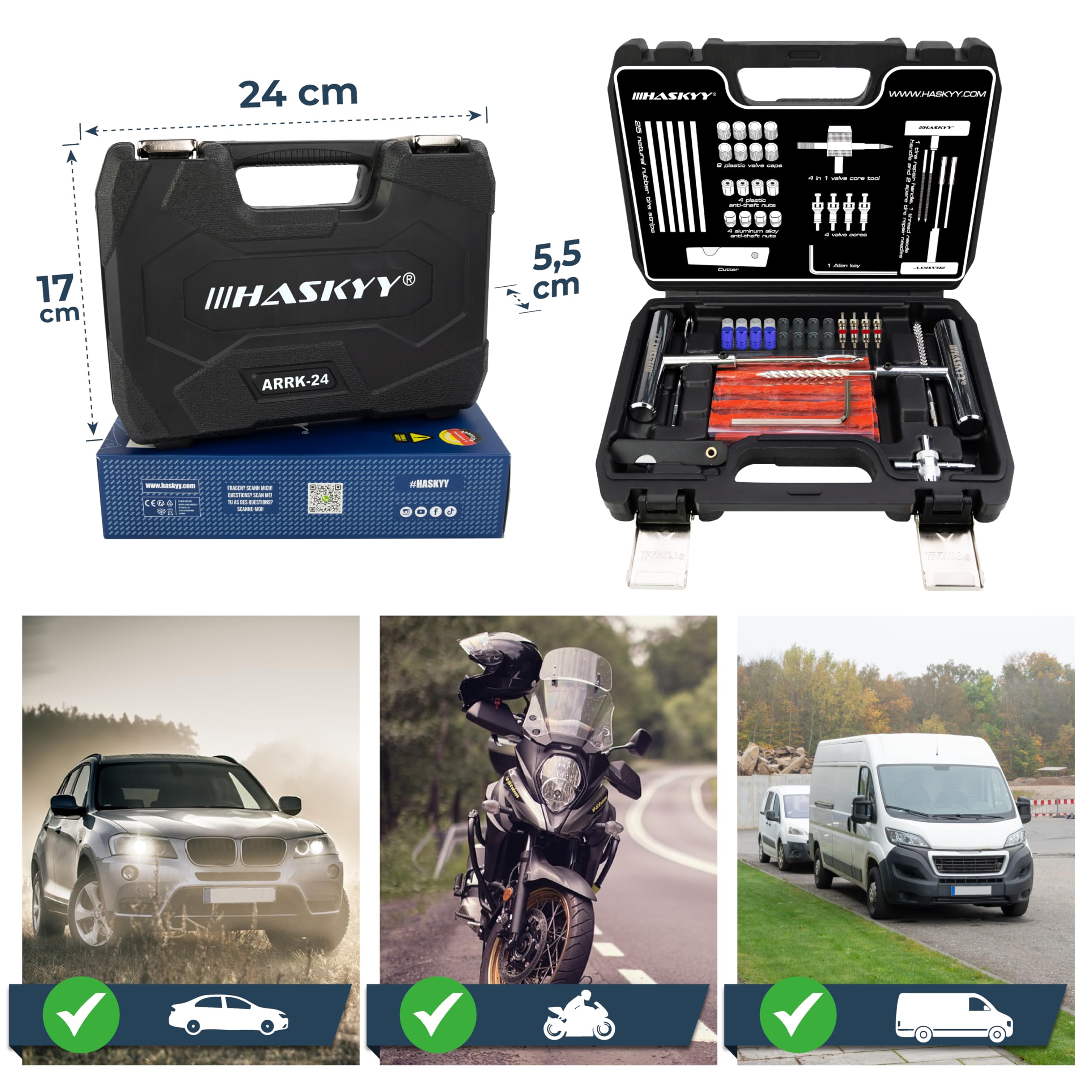 HASKYY Reifenreparaturset Reifenflickzeug Auto Reifen Reparatur Kit 53tlg - All in One Pannenset für Auto, Motorrad, ATV, SUV - Gummistreifen, Ventilwerkzeug, T-Griff & Cutter