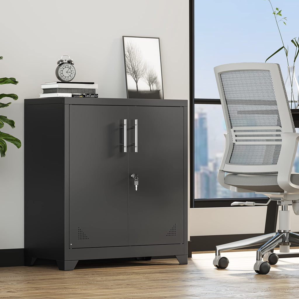 YITAHOME Aktenschrank Abschließbar, Metallschrank mit 2 Verstellbare Einlegeböden, Büroschrank Stahlschrank mit Belüftungslöcher für Arbeitszimmer Büro Garage Schule, Schwarz, 80 x 40 x 90cm