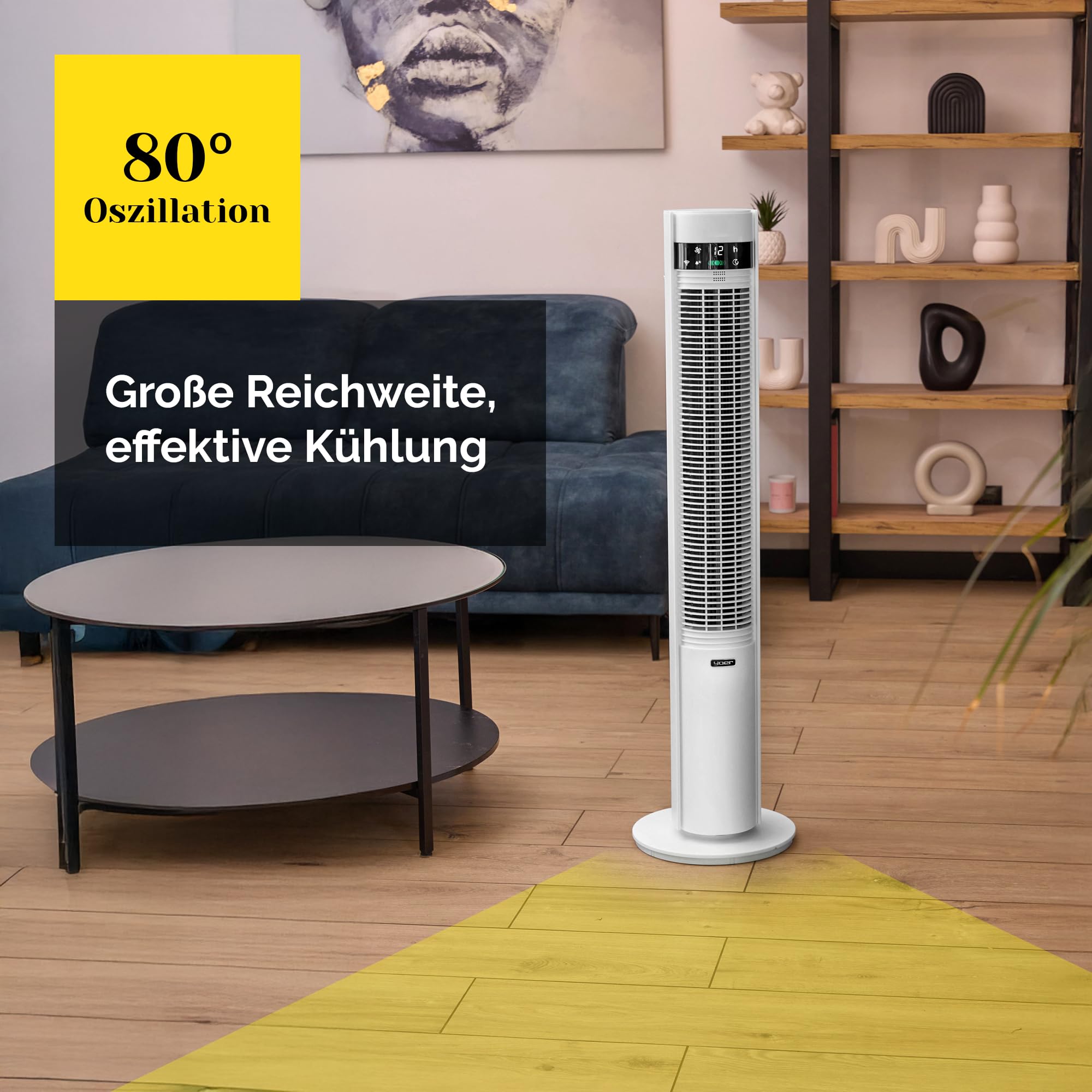 YOER 19dB Leiser Turmventilator, Plasma-Ionisator, 12 m Reichweite, 12 Geschwindigstufen, 3 Modi, 12 Std. Timer, 80° Oszillation, Fernbedienung, CoolWhisper TF07W, weiß