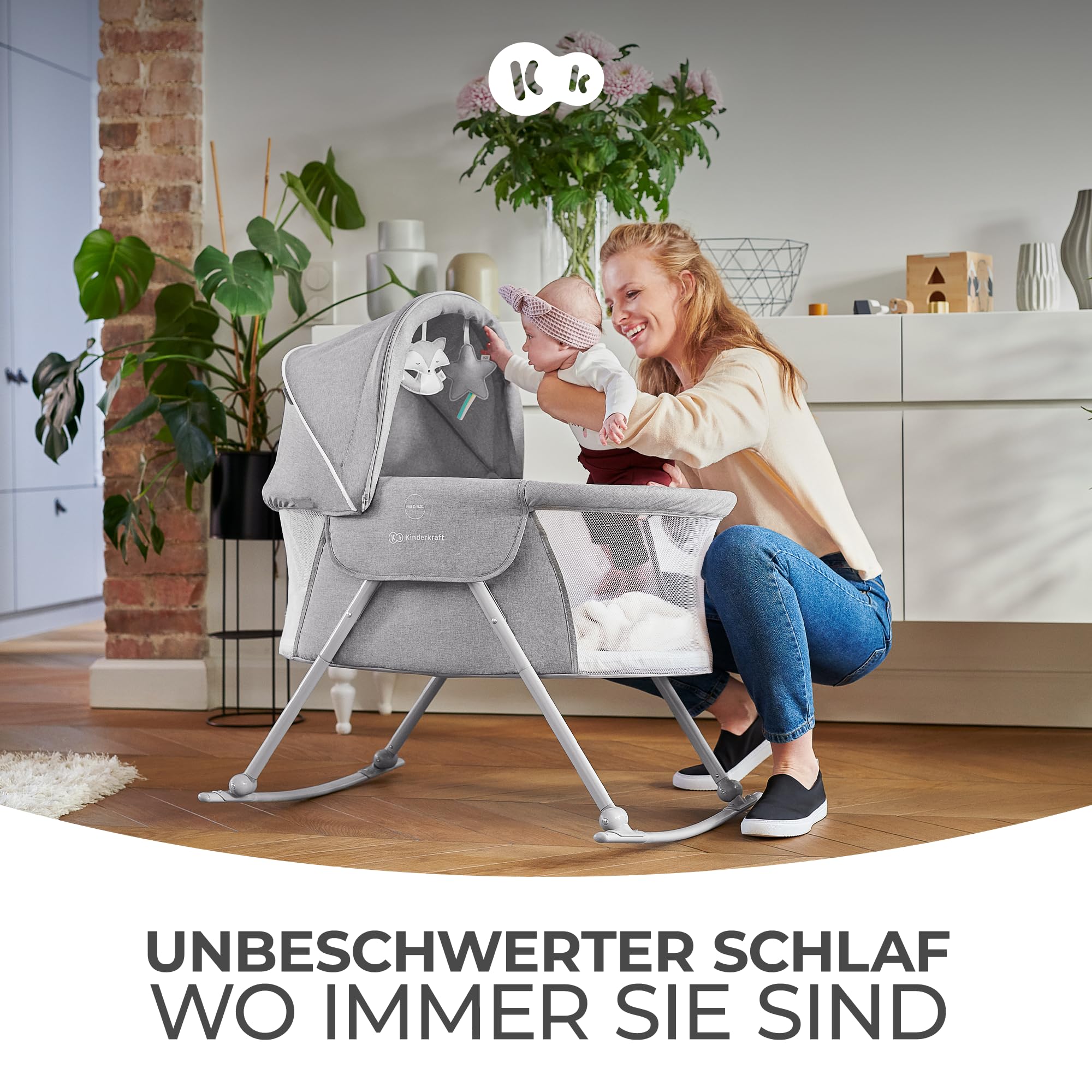 kk Kinderkraft Kinderkraft Kinderbett 3 in 1 lOVI, Kinderreisebett, Stubenwagen, Babywiege, Baby Wippe, Zusammenklappbar, Einfach Transport, mit Zubehör, Tasche, Moskitonetz,von Geburt bis 9 kg, Grau