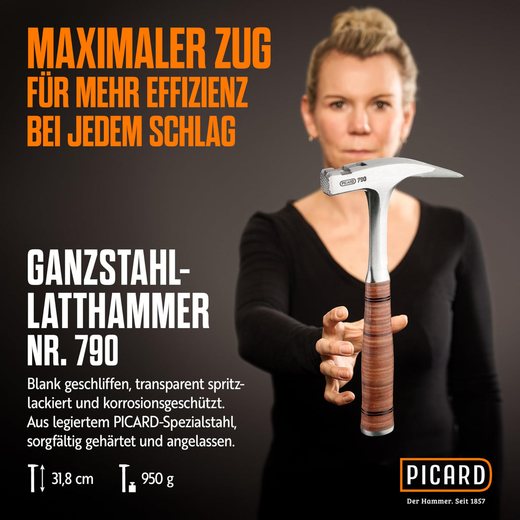 PICARD Ganzstahl-Latthammer Nr. 790 geraut | Magnetischer Nagelhalter | Ledergriff aus verwindungssicherem Kernleder | Gewicht: 907g | Ideal für Dachdecker & Schreiner | Made in Germany seit 1857