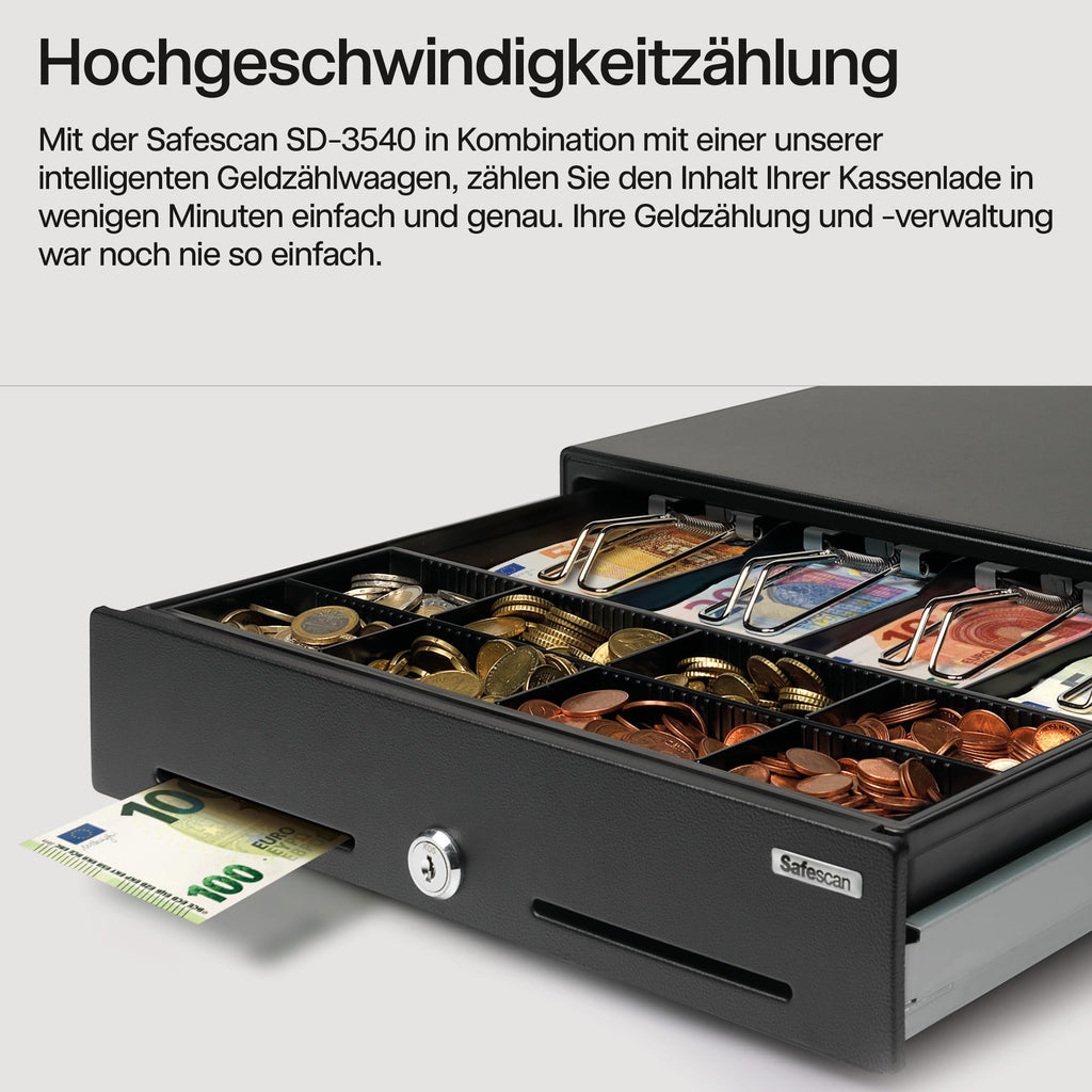 Safescan SD-3540 Standard-Duty Kassenschublade mit 4 Fächern für Banknoten und 8 für Münzen - Kassenlade mit RJ-12 Anschluss (z.B. Registrierkasse) - Solide Kassenschublade von 35 x 40,5 x 10,5 cm