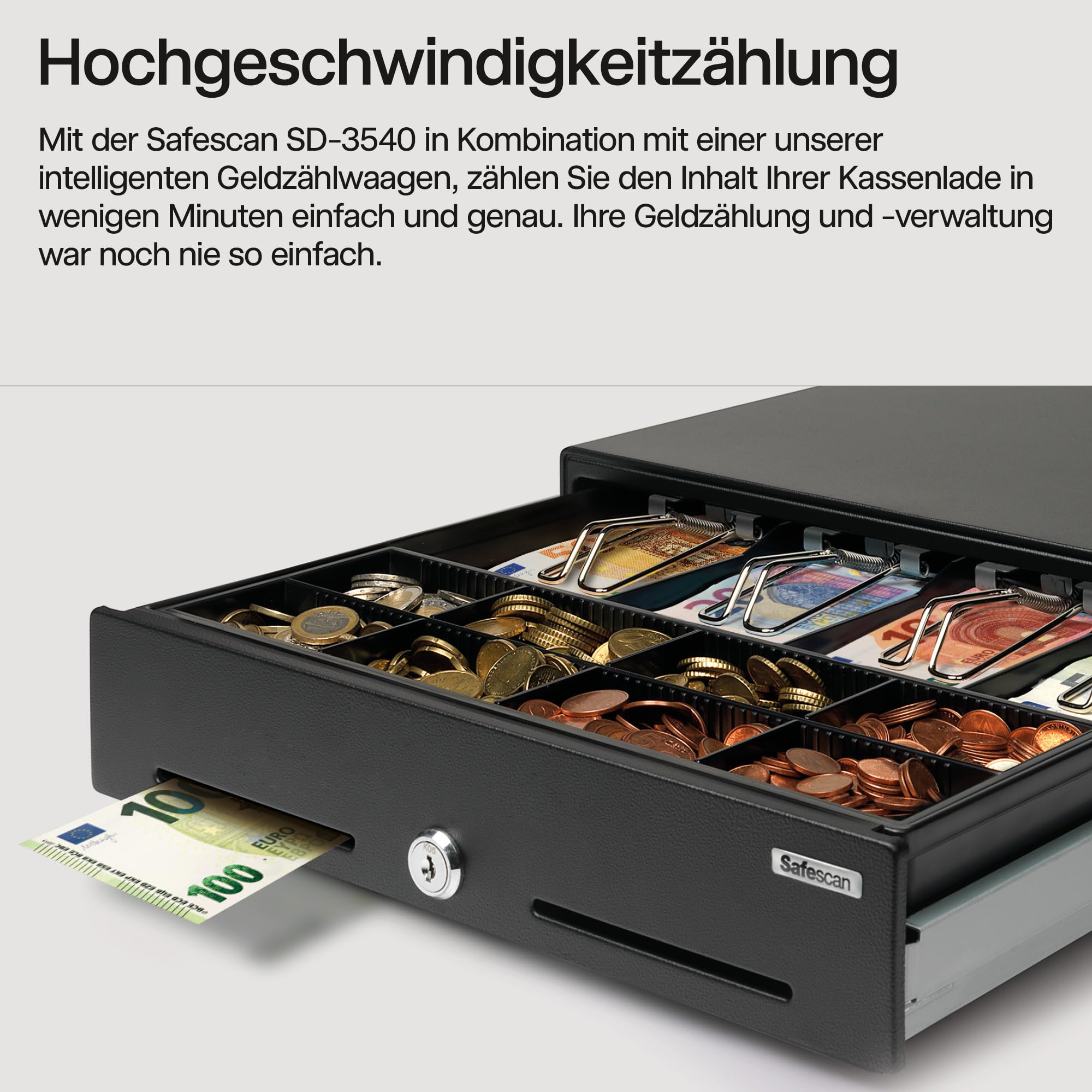 Safescan SD-3540 Standard-Duty Kassenschublade mit 4 Fächern für Banknoten und 8 für Münzen - Kassenlade mit RJ-12 Anschluss (z.B. Registrierkasse) - Solide Kassenschublade von 35 x 40,5 x 10,5 cm