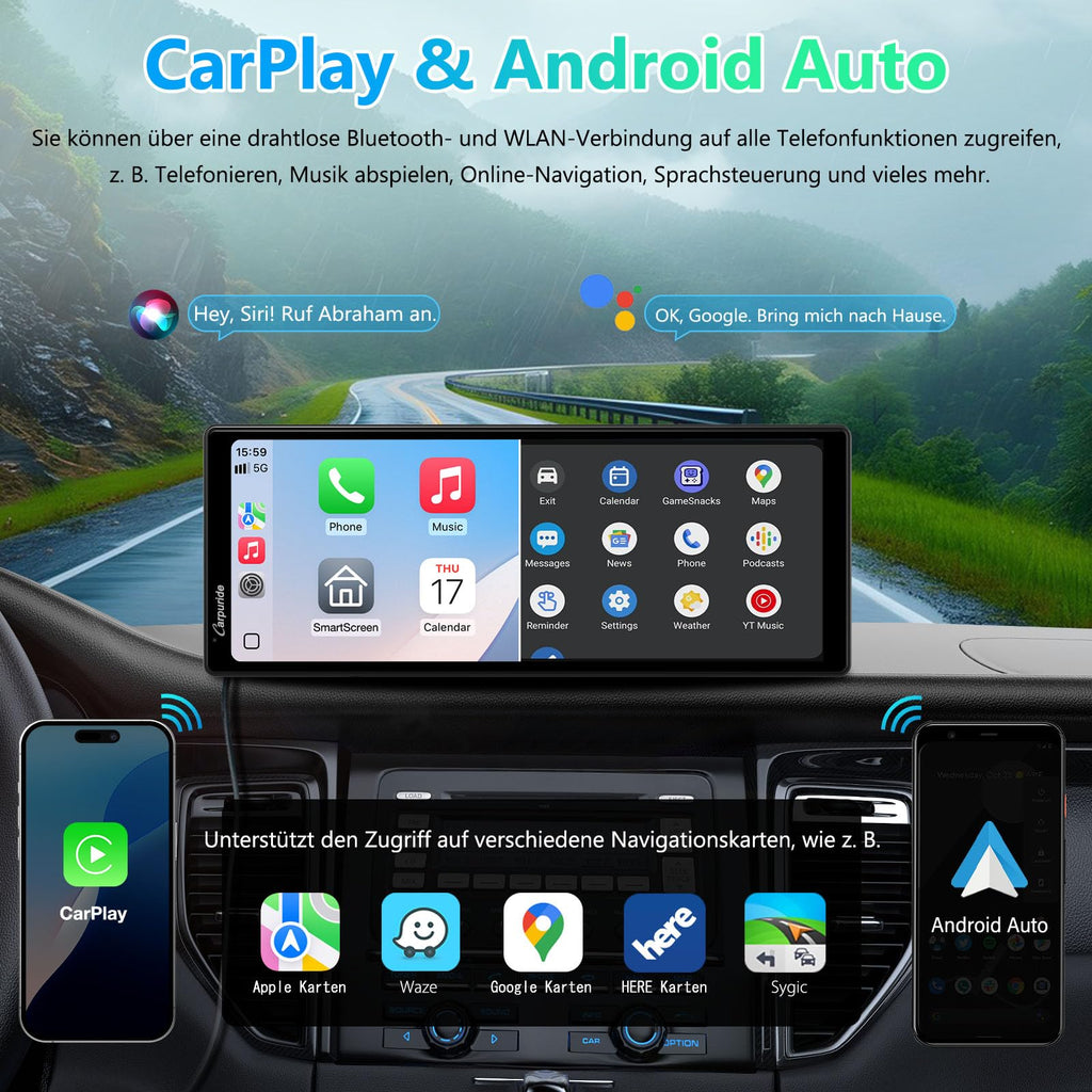 Carpuride V92 Tragbares Autoradio Kabellos Carplay & Android Auto, 10,26 Zoll 1080P HD Touchscreen Radio mit BT 5.0, Mirror Link Halterung Truck RV Armaturenbrett
