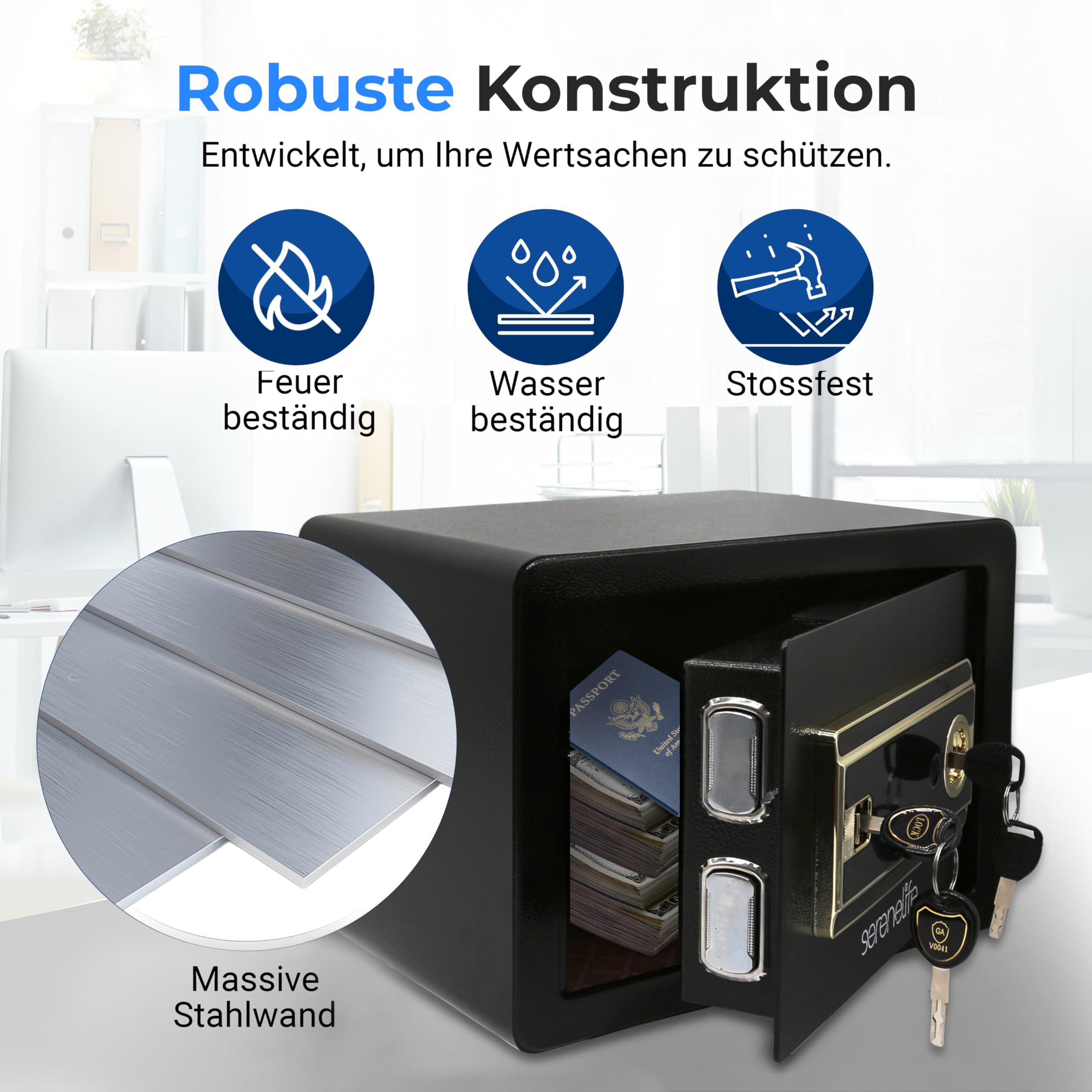 SereneLife 18L Tresor, Safe Für Zuhause Feuerfest & Wasserdicht, Digitaler Heimtresor mit Zugriff per Fingerabdruck, Möbeltresor mit Code & Schlüsseln, Safe Box für Wertsachen, Bargeld, Schmuck, Gold