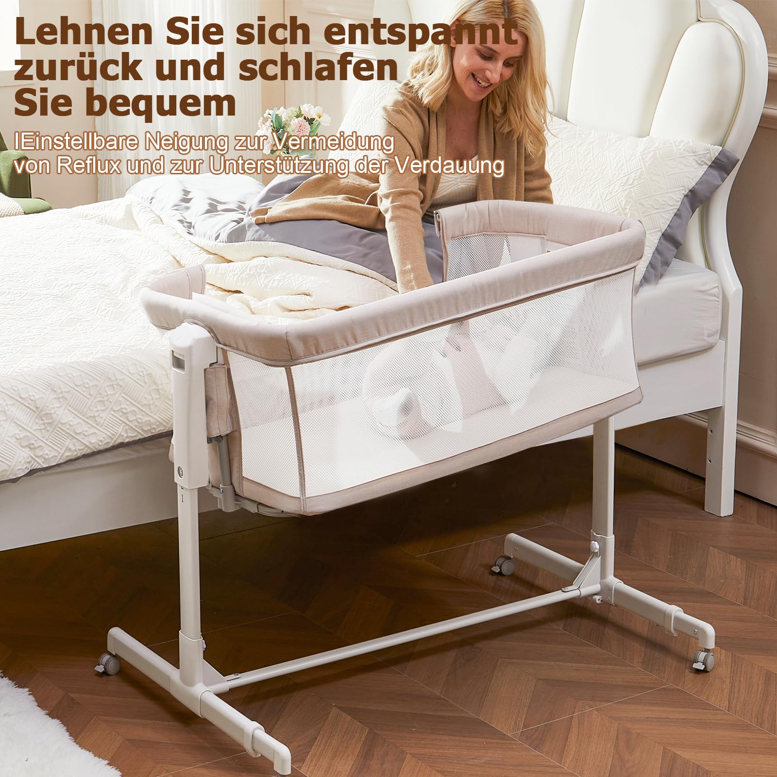 SANEWE Beistellbett Babybett - Stubenwagen Baby Bett mit Rollen Federwiege für Babys - Reisebett Set - Ausziehbares Kinderbett - Sicherer Schlafplatz für Kleinkinder
