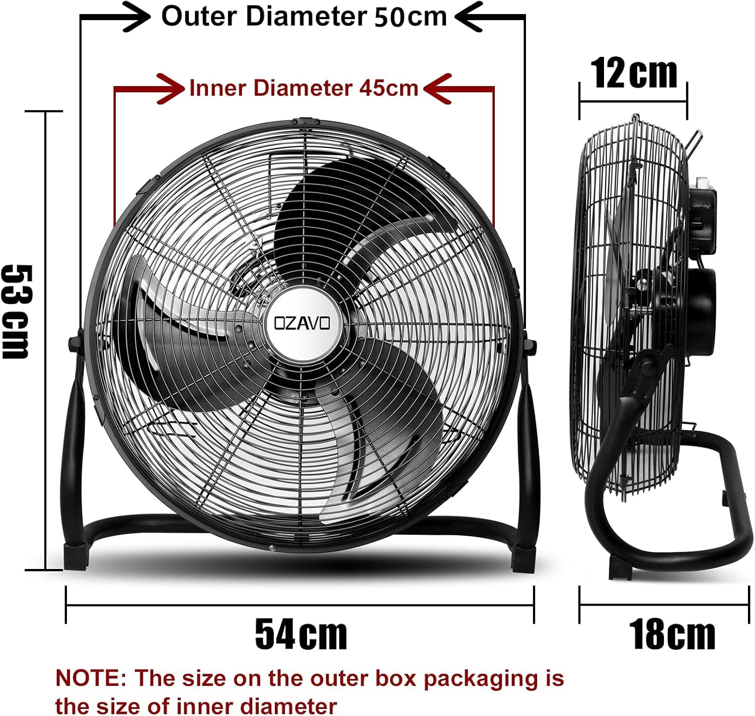 OZAVO Standventilator, Windmaschine ⌀50 cm mit 3 Laufgeschwindigkeiten, Bodenventilator Power, Tischventilator Metall, Luftkühler, verstellbare Neigungswinkel, 100W, Schwarz