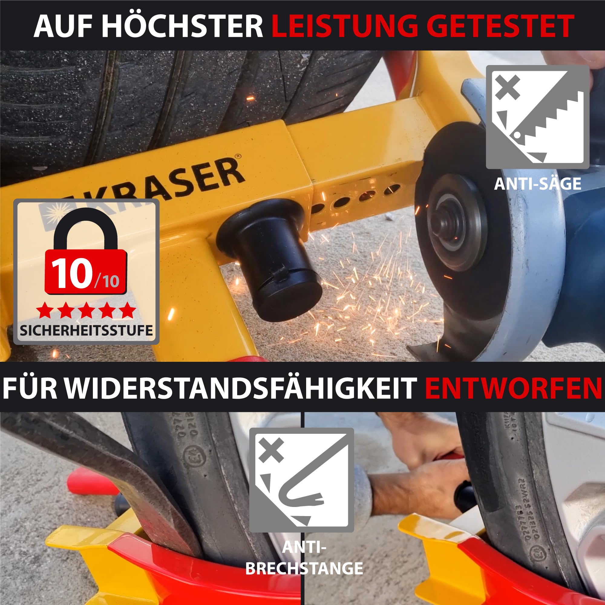 KRASER WA820 Hohe Sicherheit Radkralle Wohnwagen, Testsieger Parkkralle mit Anti-Bohrschloss Wegfahrsperre, Reifenkralle, Diebstahlsicherung Universal für Auto PKW Wohnmobile Anhänger Motorrad