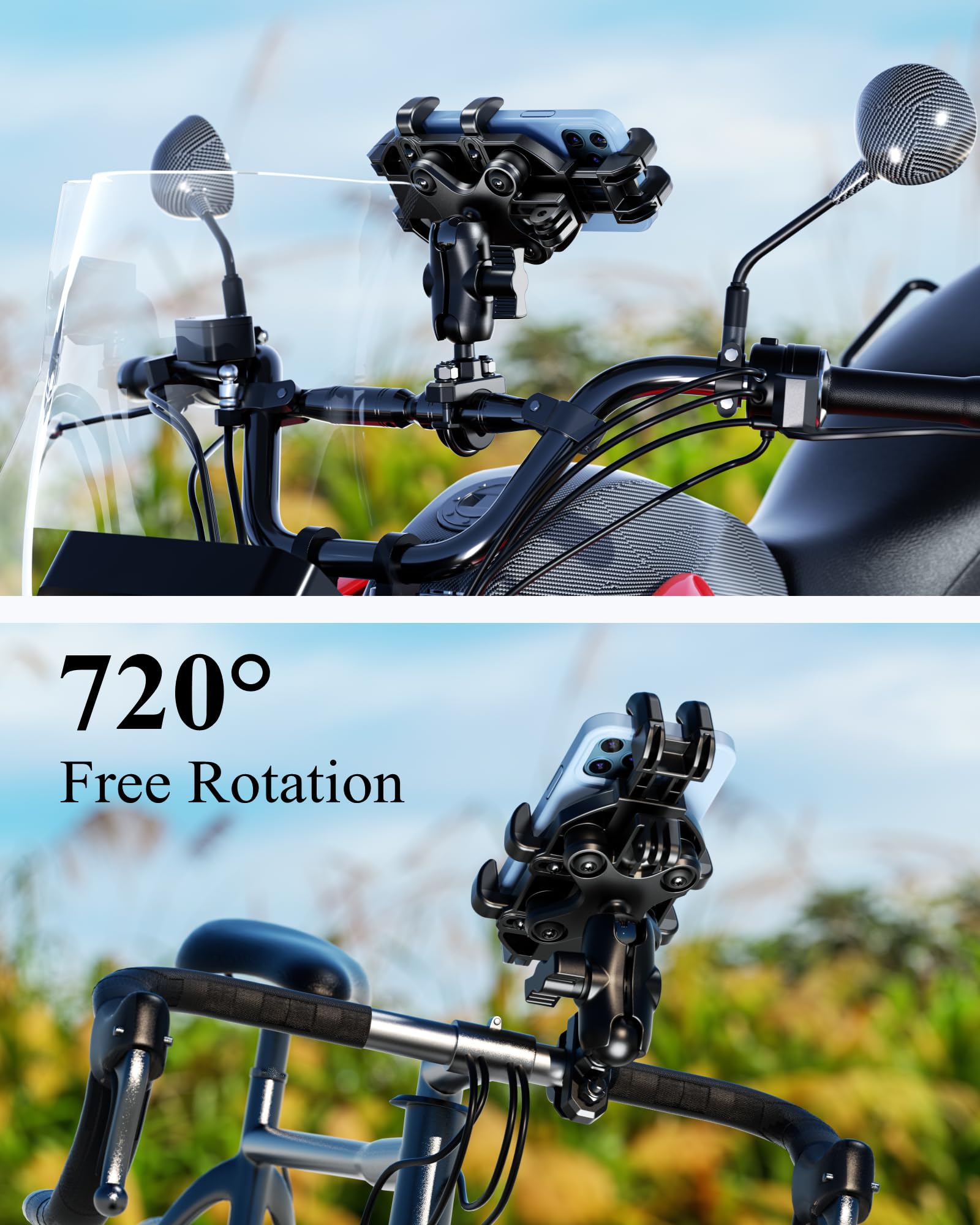 BRCOVAN Motorrad Handyhalterung mit Vibrationsdämpfer, Anti-Shake Handy Motorradhalterung, Verstellbar Lenker Handyhalter für Motorrad, Fahrrad, Roller, ATV, für 5,4 Zoll - 7,2 Zoll Smartphones