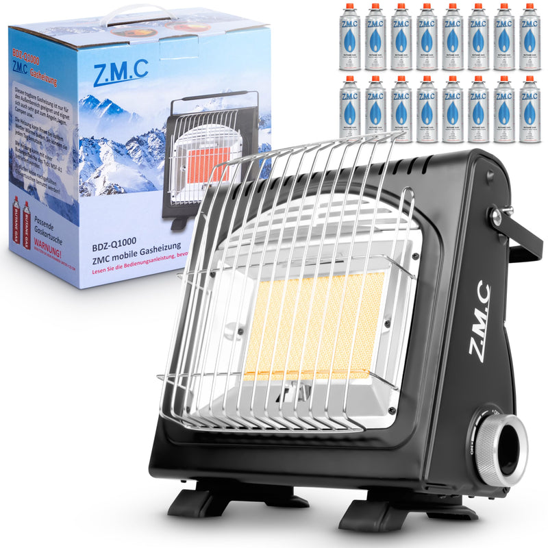 Z.M.C 2-in-1 Tragbare Gasheizung und Gaskocher + 16 Gaskartuschen 227g, multifunktionale Keramikheizung, Camping Heizung 1,7 kW, Gasheizer für Outdoor, Balkon, mobile Heizstrahler mit Piezozündung