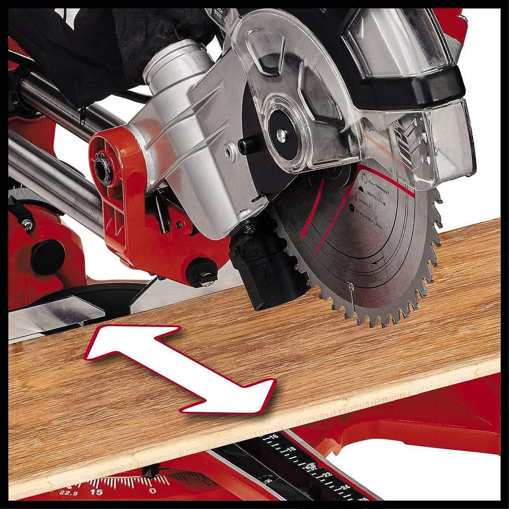 Einhell Zug-Kapp-Gehrungssäge TC-SM 2131/2 Dual (1800 W, max. 62 mm x 310 mm Schnitttiefe/-breite, Ø 210 mm Sägeblatt, beidseitig neigbarer Sägekopf, Zugfunktion, Laser)