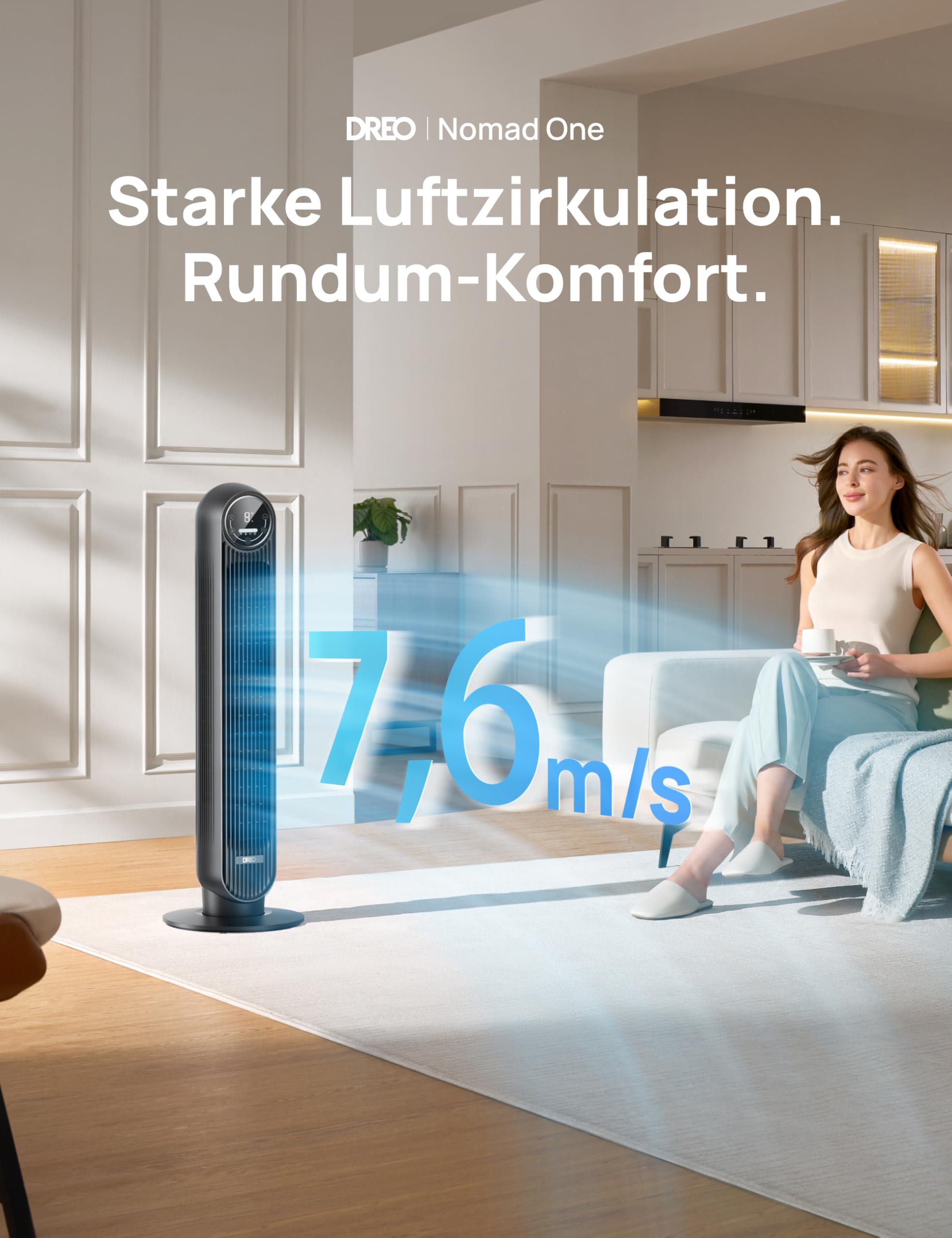 Dreo 20dB Leiser Turmventilator, 10 m Wurfweite 4 Geschwindigstufen 4 Modi 8 Std. Timer 90° oszillierende Ventilator mit Kühlung Fernbedienung für Schlafzimmer, Nomad One, Schwarz