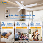 Newday Deckenventilatoren Große 153CM, Deckenventilator Weiß mit Beleuchtung und Fernbedienung Leise, Ventilator Lampe Decke mit 5 Flügel, Motor DC Reversibel, Speicherfunktion, Stufenloser Dimmer