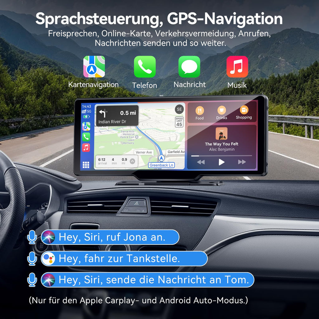 Carpeer CarPlay & Android Auto Display Car Stereo, Auto-Display, 10.26-Zoll-IPS-Touchscreen, Digital Receiver mit 1080p-Rückfahrkamera, Super Link, GPS Navigation, S1ri, Bluetooth Audio, FM, AUX