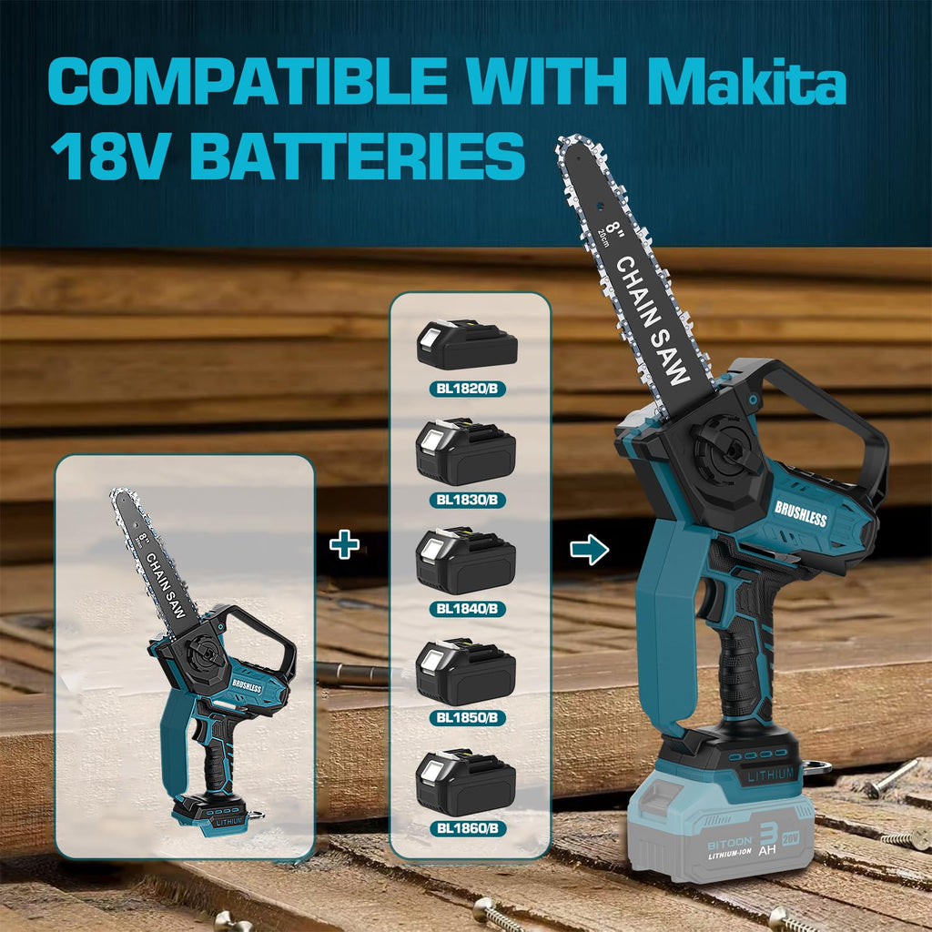 8-Zoll Kettensäge für Makita 18V Akku, automatischer Öler, bürstenlose 6-Zoll und 8-Zoll Akku Baumsäge, batteriebetriebene Mini-Kettensäge zum Holzschneiden und Baumbeschneiden (nur Werkzeug)
