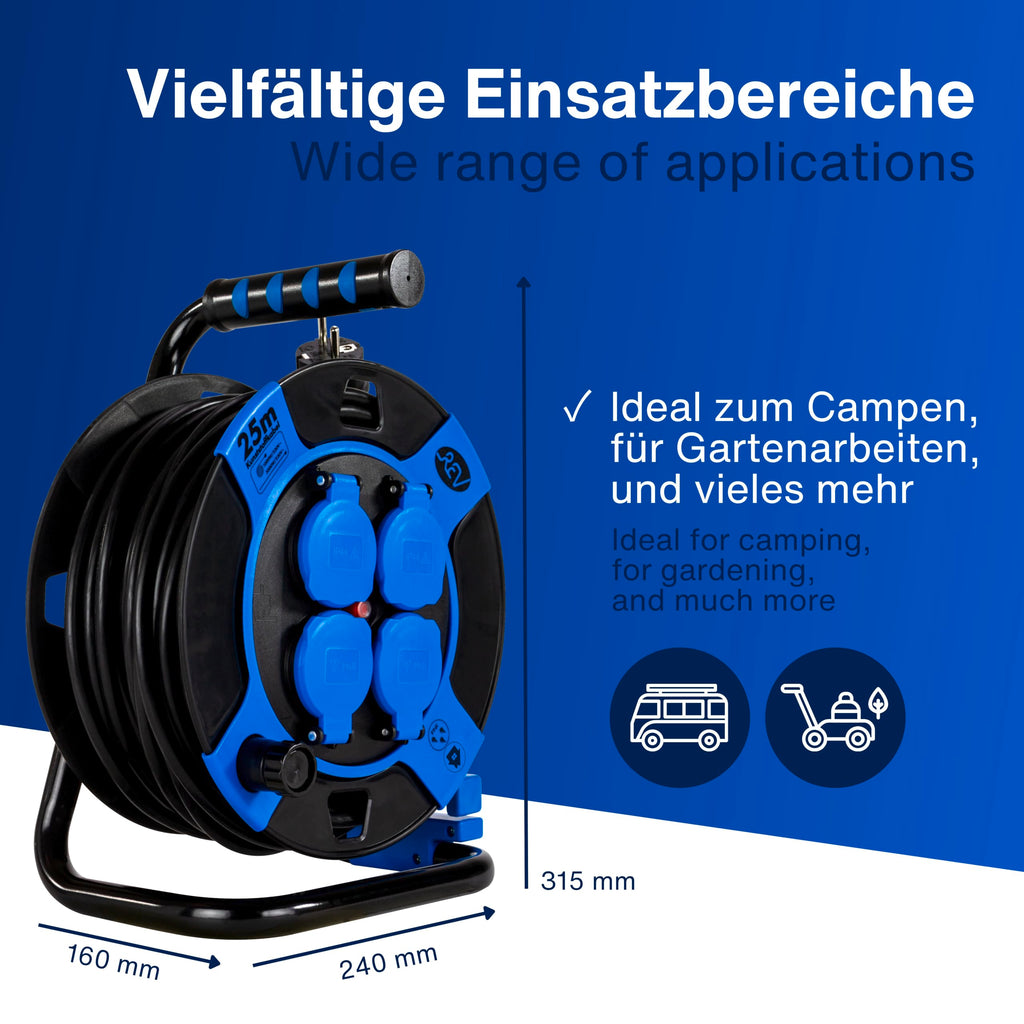 REV Kabeltrommel, IP44, Outdoor, 4 Schutzkontaktsteckdosen, 25m, schwarz