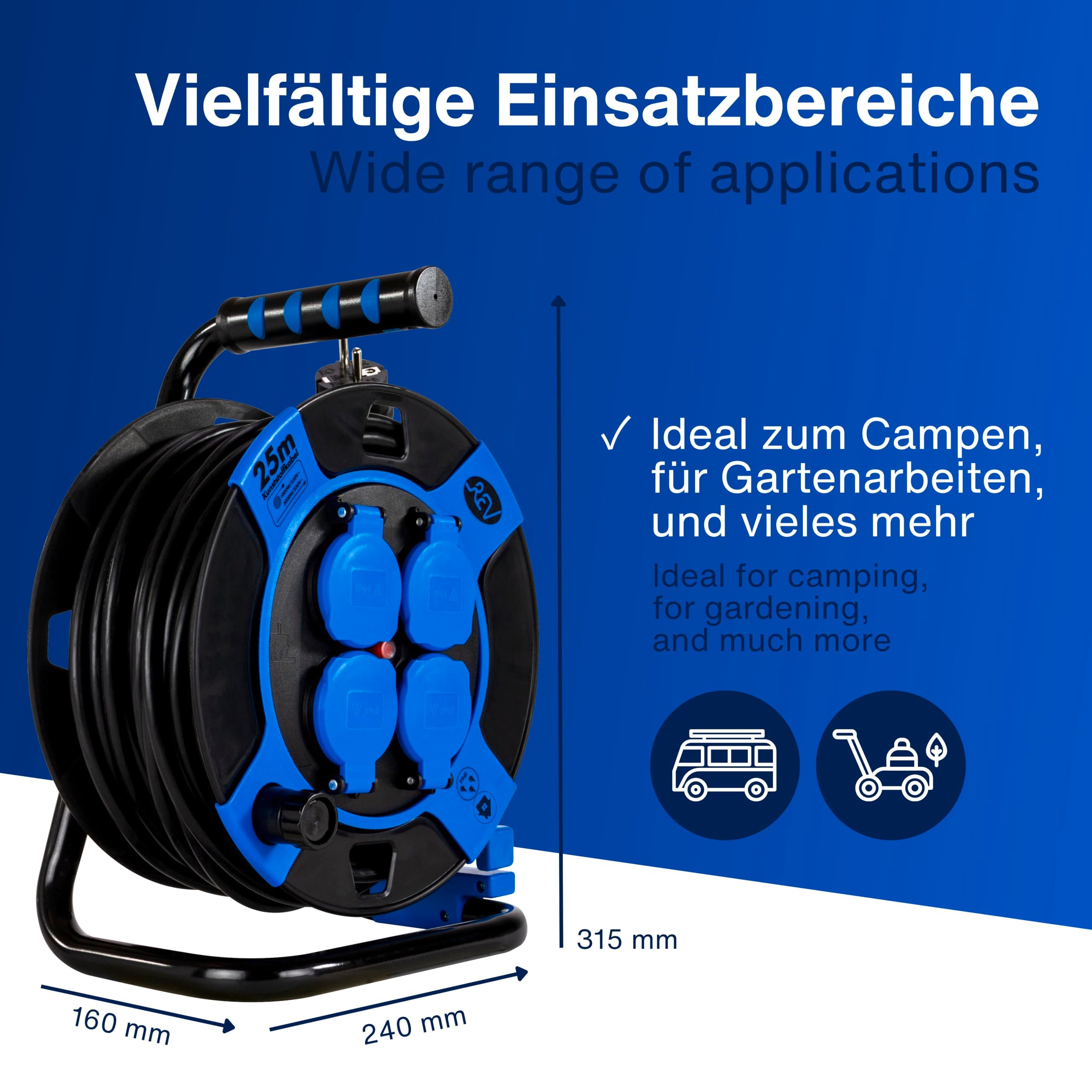 REV Kabeltrommel, IP44, Outdoor, 4 Schutzkontaktsteckdosen, 25m, schwarz