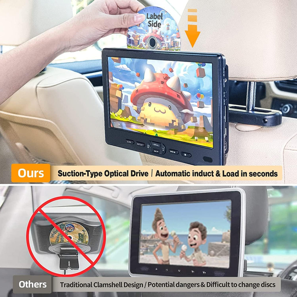 DESOBRY 10,5 Zoll Auto DVD Player mit Kopfstützenhalterung, tragbarer DVD-Player für Auto mit Kopfhörer, Disc-Eingang mit Saugnapf, Unterstützung von 1080P-Video, HDMI-Eingang, USB/SD-Kartenleser