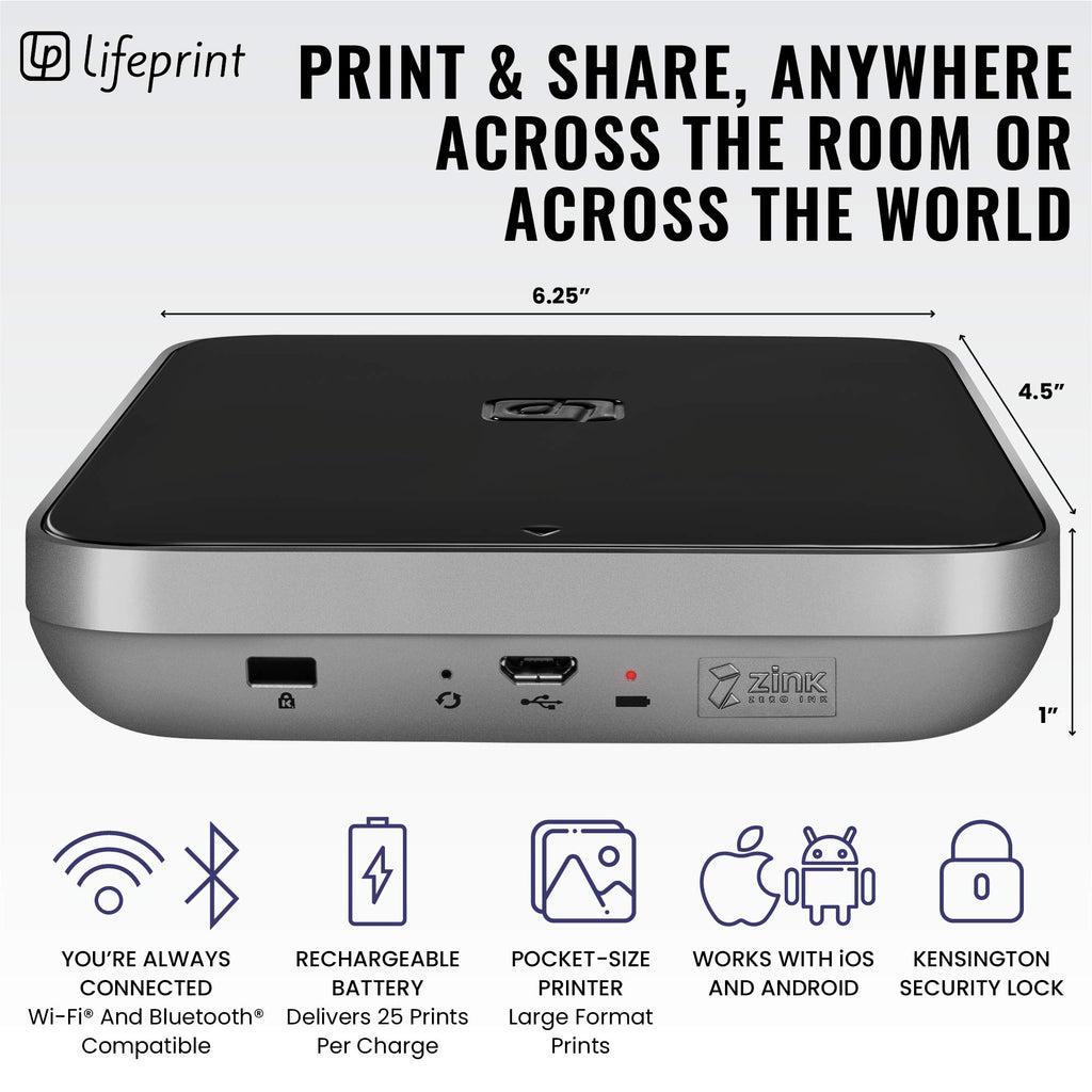 Lifeprint 3x4.5 Tragbarer Foto- und Videodrucker für iOS- und Android-Geräte. Erwecken Sie Ihre Fotos mit Augmented Reality zum Leben - Schwarz