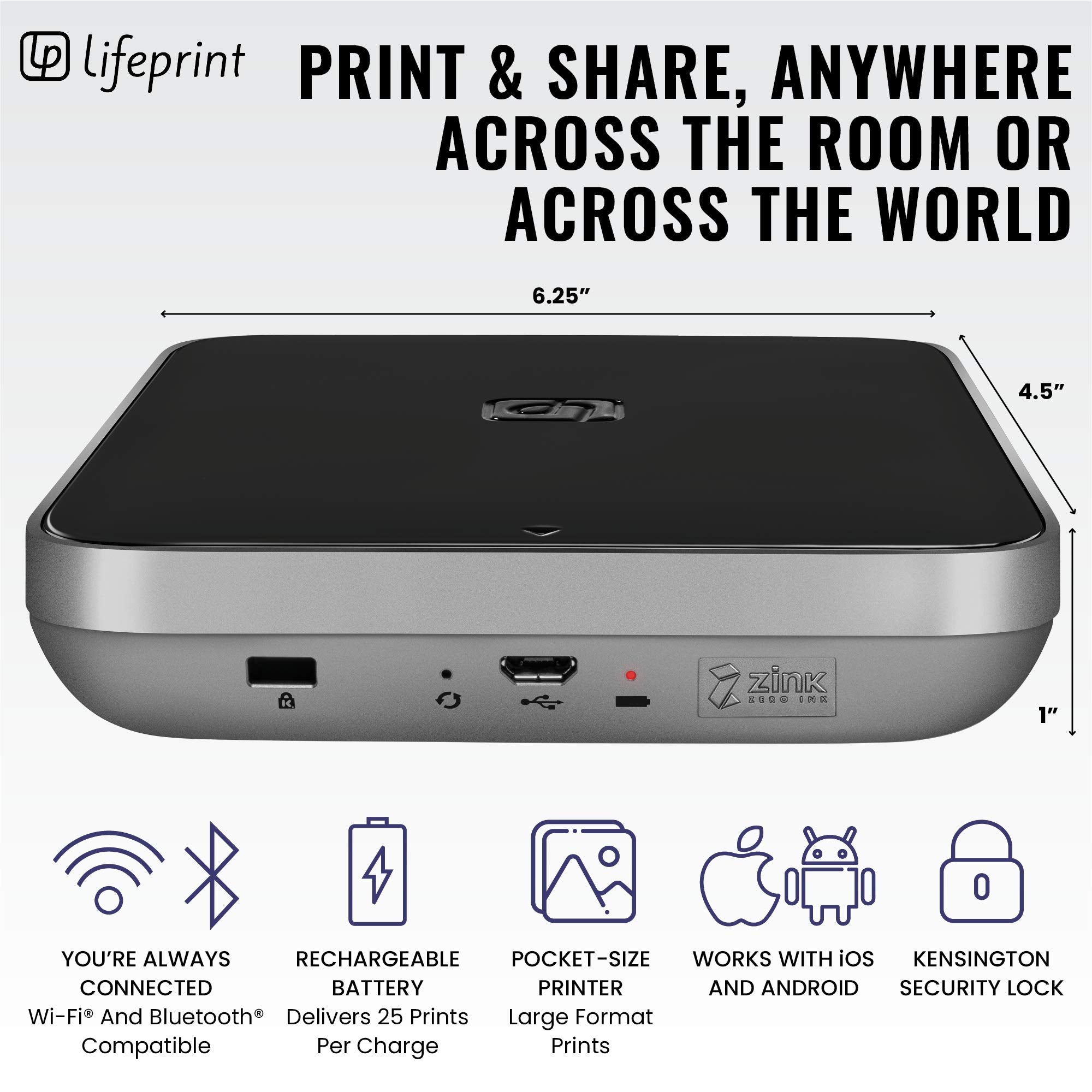 Lifeprint 3x4.5 Tragbarer Foto- und Videodrucker für iOS- und Android-Geräte. Erwecken Sie Ihre Fotos mit Augmented Reality zum Leben - Schwarz