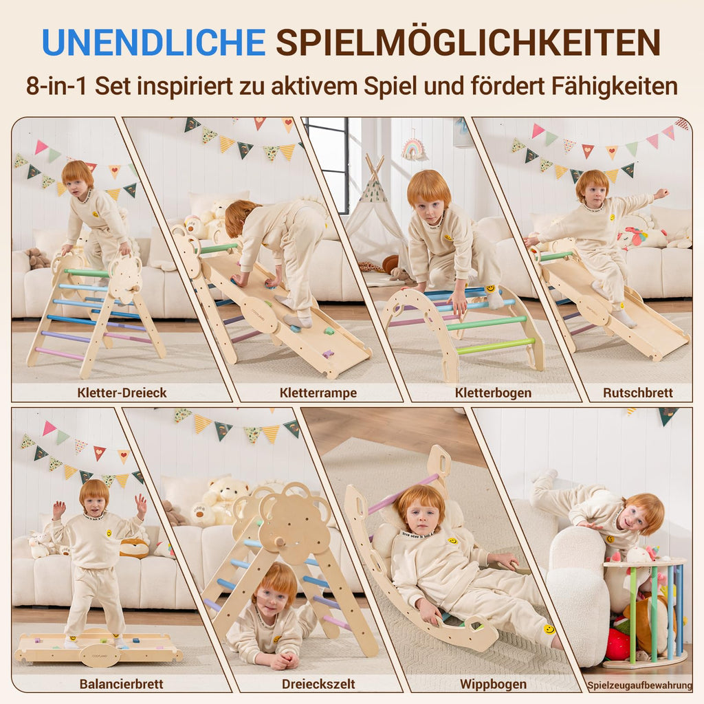 COSYLAND Klettergerüst Indoor L – Großes Kletterdreieck Set mit Kletterbogen & Rutsche – 8-in-1 Massivholz-Spielplatz für Kinder ab 18 Monaten – Kaltfarben