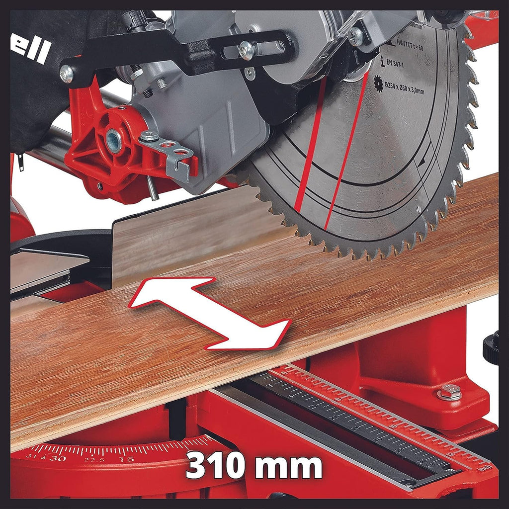 Einhell Zug-Kapp-Gehrungssäge TC-SM 2531/2 U (1900 W, max. 70 mm x 310 mm Schnitttiefe/-breite, Ø 254 mm Sägeblatt, Untergestell, neigbarer Sägekopf, Zugfunktion, Laser)