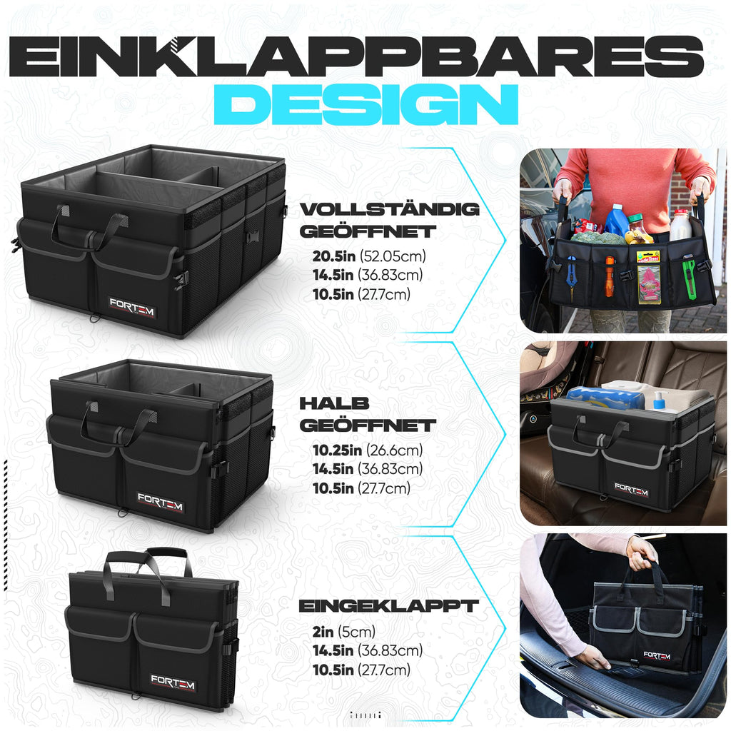 FORTEM Kofferraum Organizer, Kofferraumtasche, Zusammenklappbarer Auto Organizer Kofferraum mit Fächern, Rutschfester Boden, Verstellbare Sicherungsriemen, Klappbarer Deckel (Schwarz)
