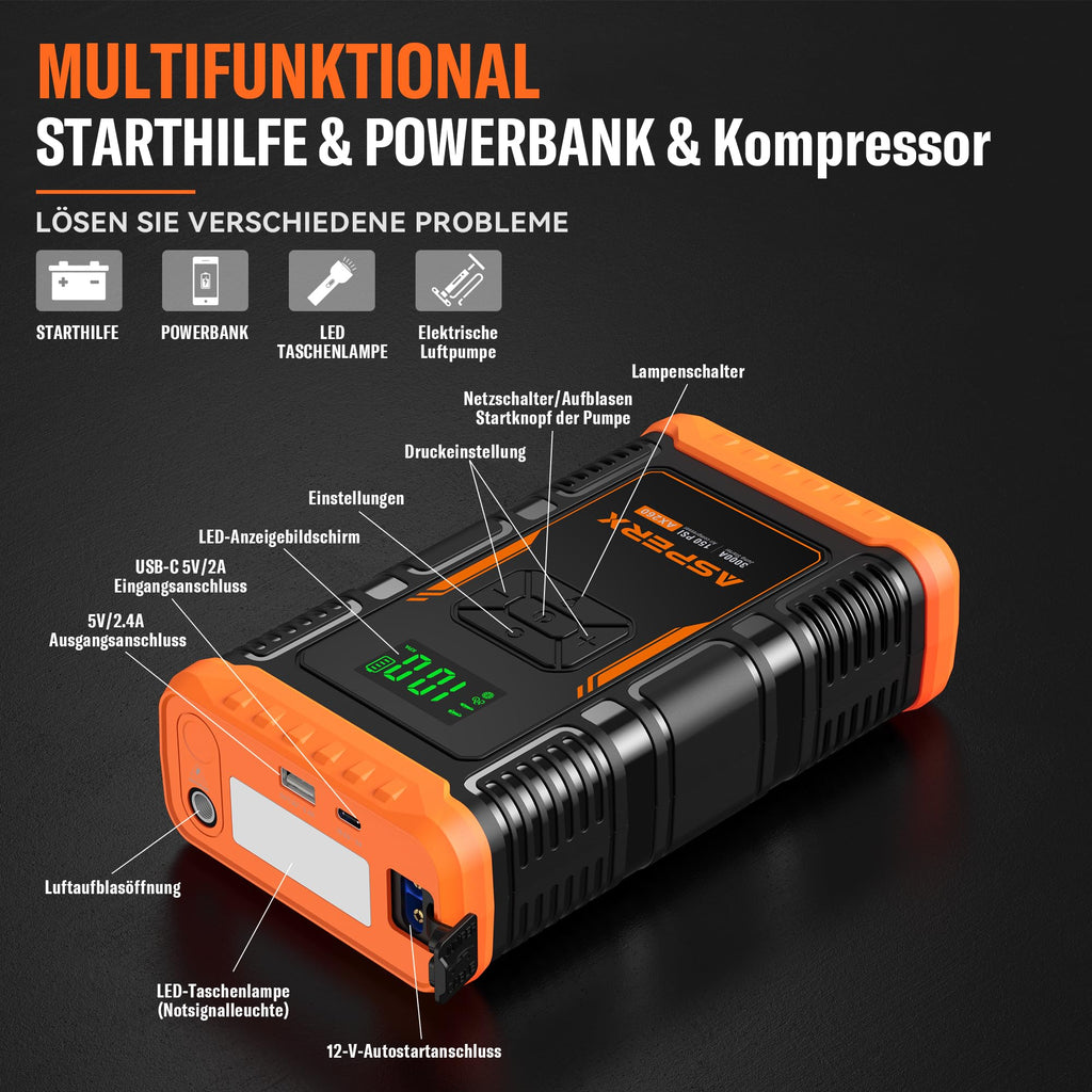 ASPERX Starthilfe Powerbank mit Kompressor,150PSI 3000A Auto Starthilfe Powerbank mit LED Taschenlampe Starthilfekabel,Jump Starter für 12V Motorrad SUV (Bis Zu 10L Benzin Oder 8L Diesel)