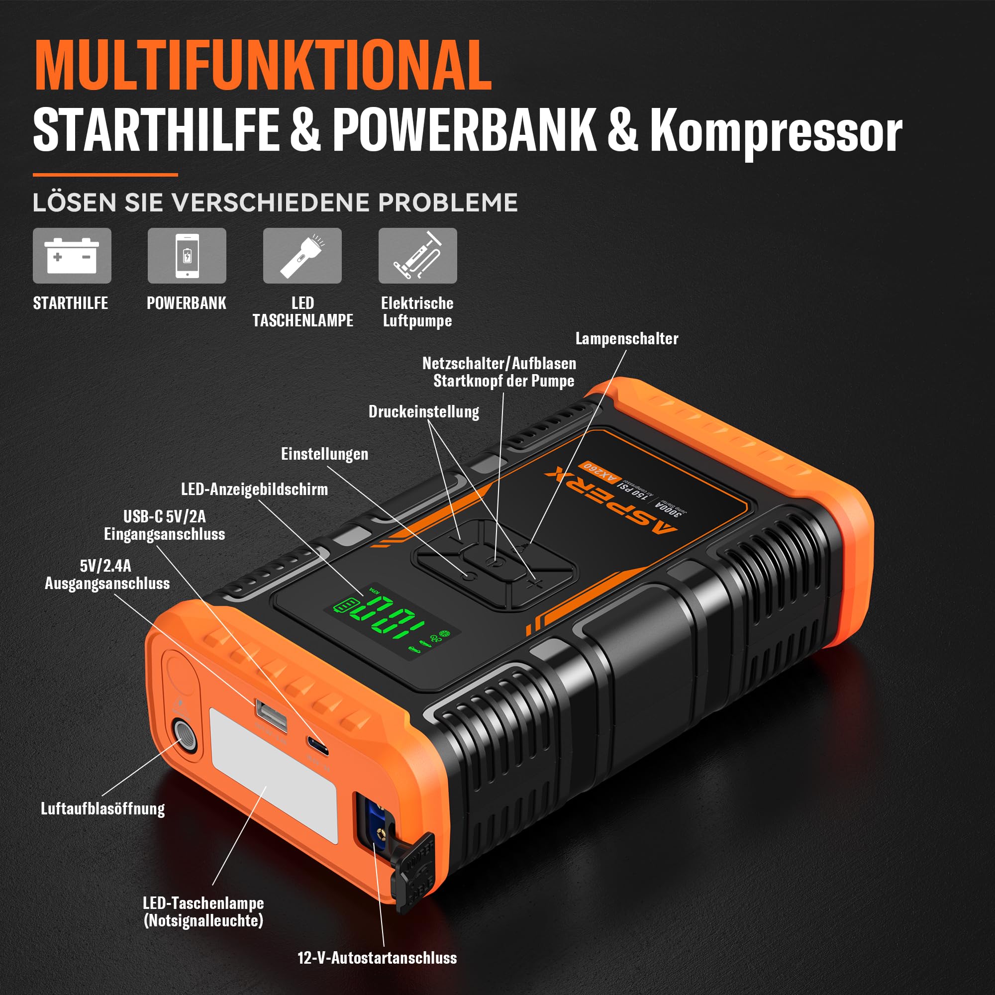 ASPERX Starthilfe Powerbank mit Kompressor,150PSI 3000A Auto Starthilfe Powerbank mit LED Taschenlampe Starthilfekabel,Jump Starter für 12V Motorrad SUV (Bis Zu 10L Benzin Oder 8L Diesel)