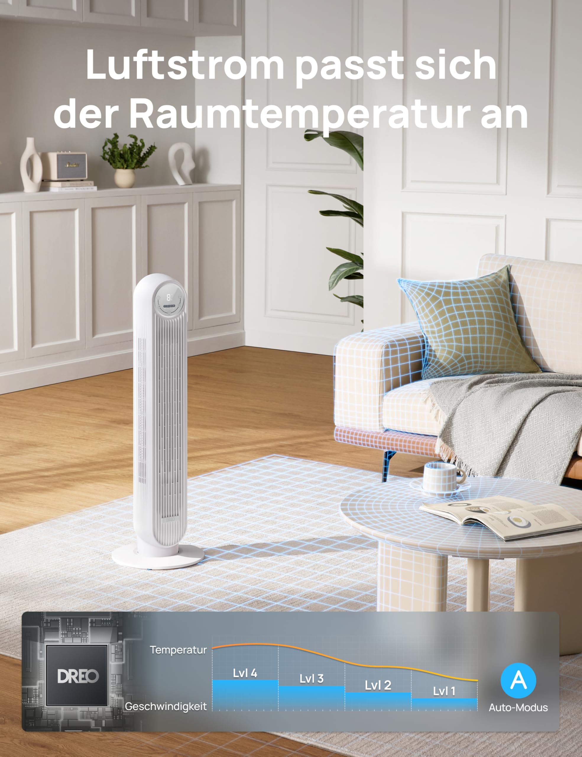 Dreo 20dB Leiser Turmventilator, 10 m Wurfweite 4 Geschwindigstufen 4 Modi 8 Std. Timer 90° oszillierende Ventilator mit Kühlung Fernbedienung für Schlafzimmer, Nomad One, Weiß