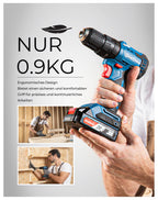 DongCheng Akku-Schlagbohrschrauber-Set 18V 50Nm, bürstenlose Schlagbohrmaschine (2x2,0 Ah), 20+1+1 Drehmomentstufen Akkubohrer, 2 Gang, 13mm Bohrfutter, inkl. Ladegerät, 19-tlg. Zubehör-Set