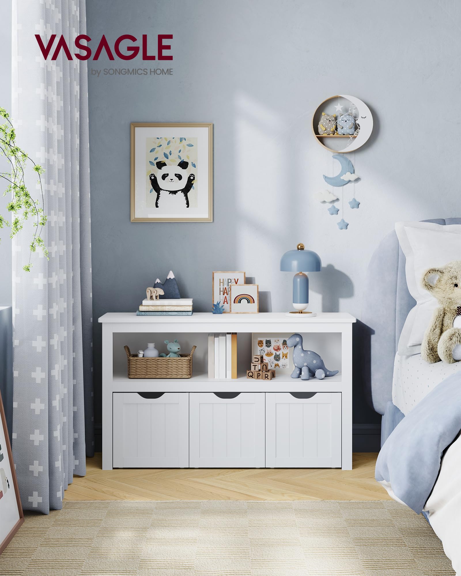 VASAGLE Kinderregal, Spielzeugaufbewahrung für Kinder, Aufbewahrungsschrank, Spielzeugschrank, Aufbewahrungsbox mit Rollen, Spielzeugregal, für Kinderzimmer, 30 x 102 x 60 cm, weiß LHS380W01