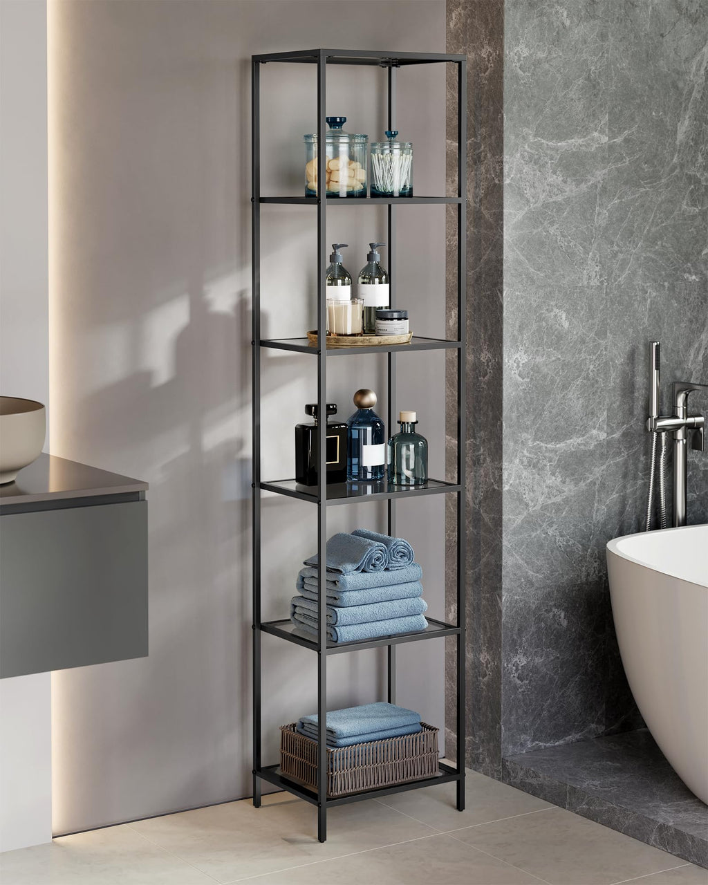 VASAGLE Badregal mit 6 Ablagen, gehärtetes Glas, einfache Montage für Badezimmer, Wohnzimmer, Küche, Büro, Schiefergrau, Schwarze Tinte LGT500G01