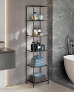 VASAGLE Badregal mit 6 Ablagen, gehärtetes Glas, einfache Montage für Badezimmer, Wohnzimmer, Küche, Büro, Schiefergrau, Schwarze Tinte LGT500G01