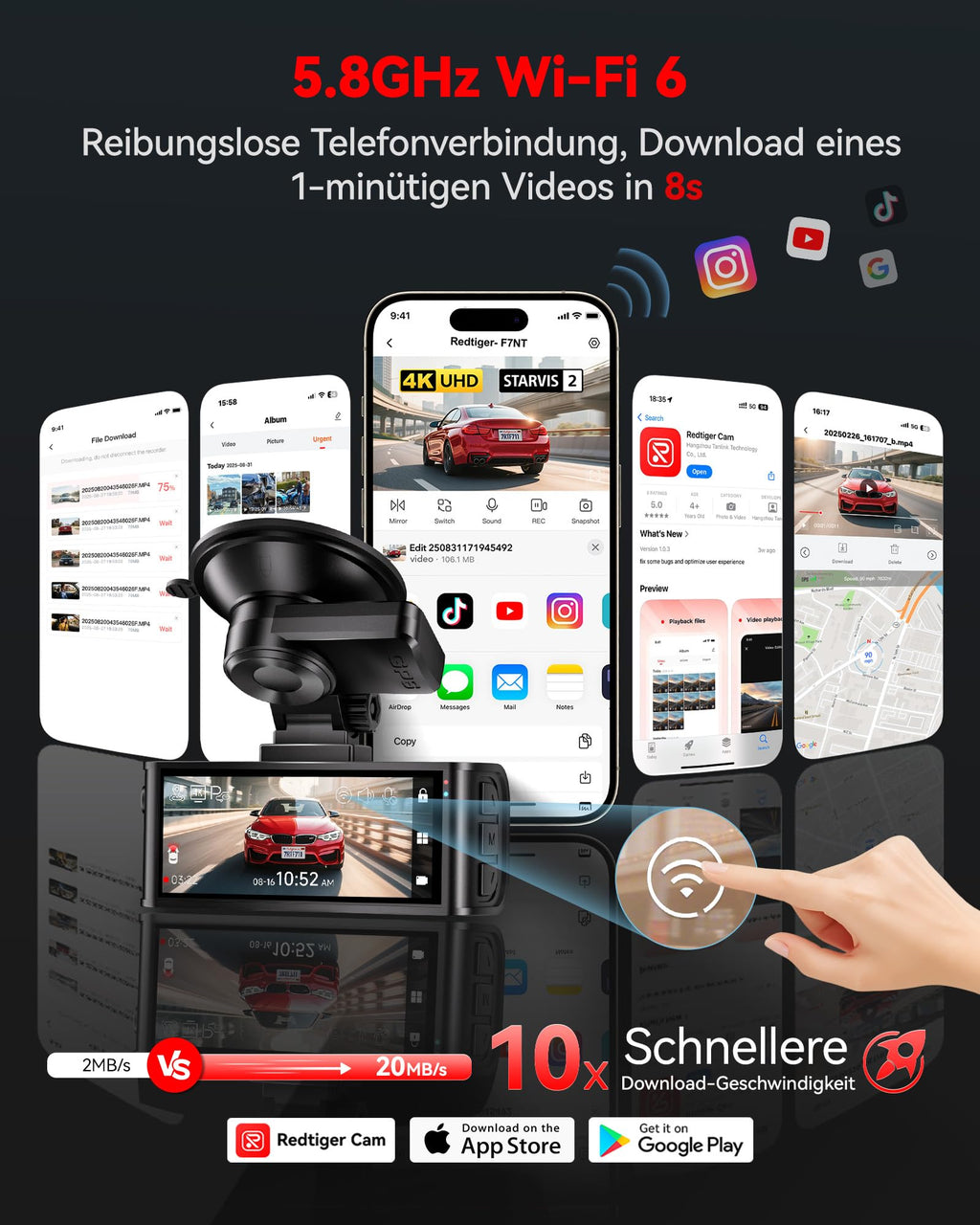 REDTIGER 4K STARVIS 2 Dashcam Auto Vorne Hinten,Touchscreen 3,18 Zoll,Sprachsteuerung,Dash Cam Auto 5.8GHz WiFi 6,GPS,Kostenlose 128GB Karte,2160P UHD-Nachtsicht,Notfall-Sperre,Parkmonitor (F7N Touch)
