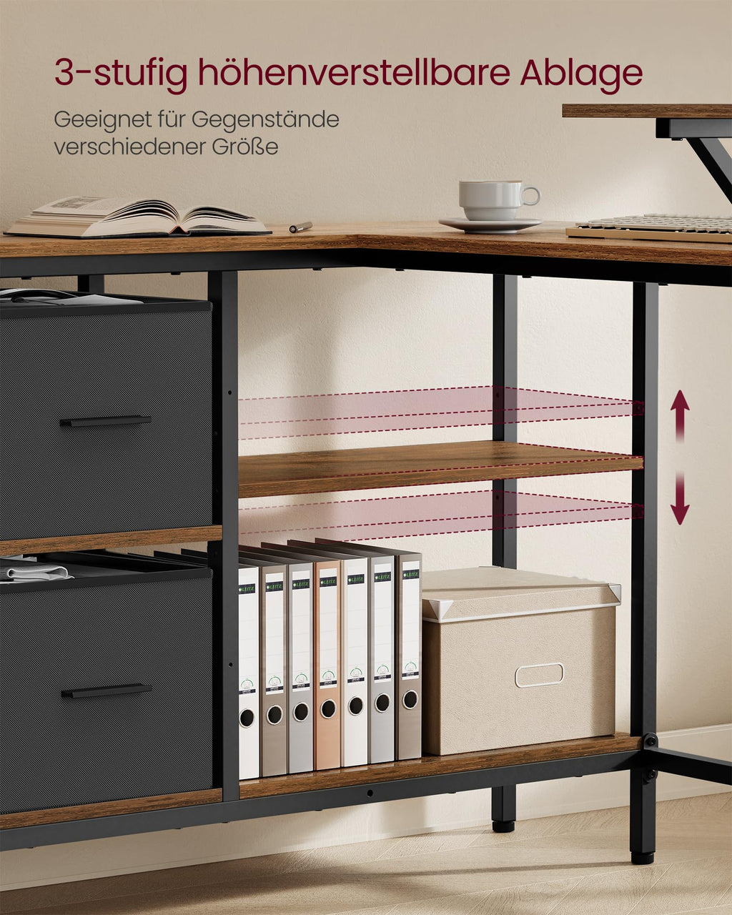 VASAGLE L-förmiger Schreibtisch, 2 geräumige Schubladen, Computertisch mit Monitorständer, Eckschreibtisch, Gaming-Tisch mit Verstellbarer Ablage 135 x 105 cm vintagebraun LWD098B01