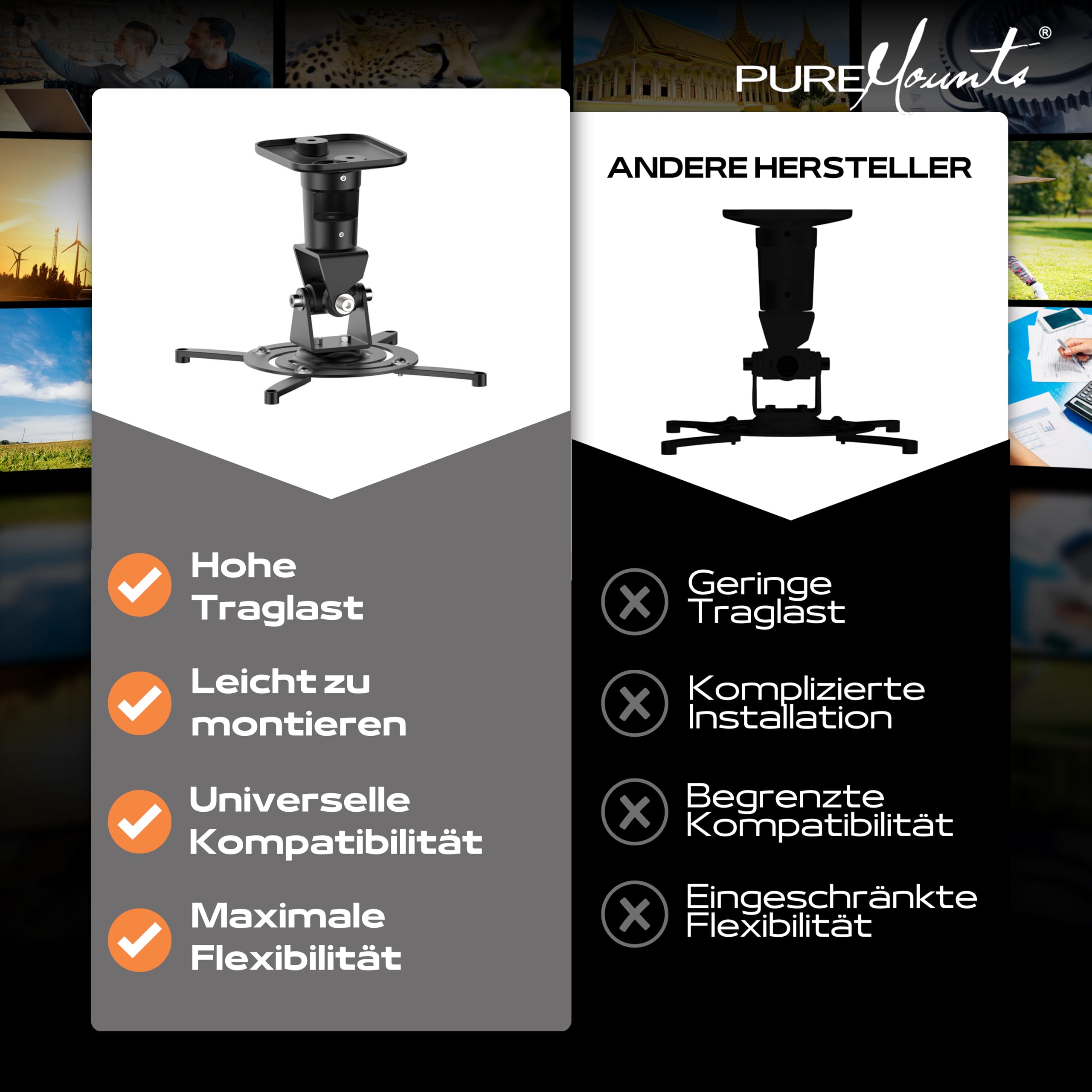 PureMounts Beamer Deckenhalterung Spider-Plus-B - 25 grad neigbar und 360 grad drehbar, 220mm Deckenabstand,(15kg), Lochabstand 180-310mm, schwarz