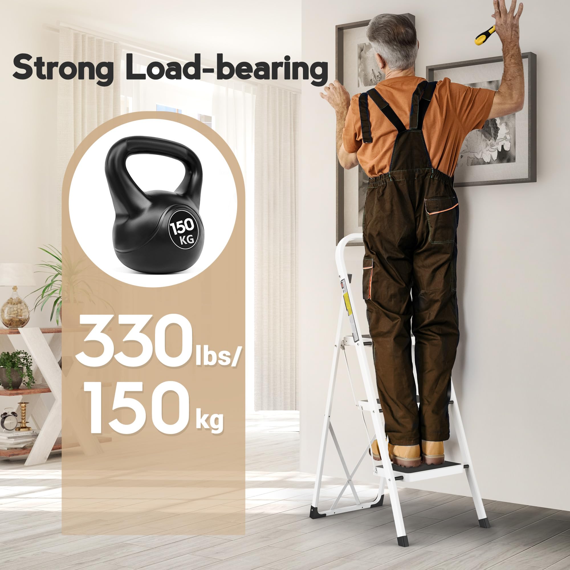 HBTower Trittleiter 3 Stufen klappbar, Trittleiter mit Anti-Rutsch-Pedal, Tragbare Robuste Tritthocker mit Handläufen, Perfekt für Küche & Haushalt, 150kg Kapazität, Weiß