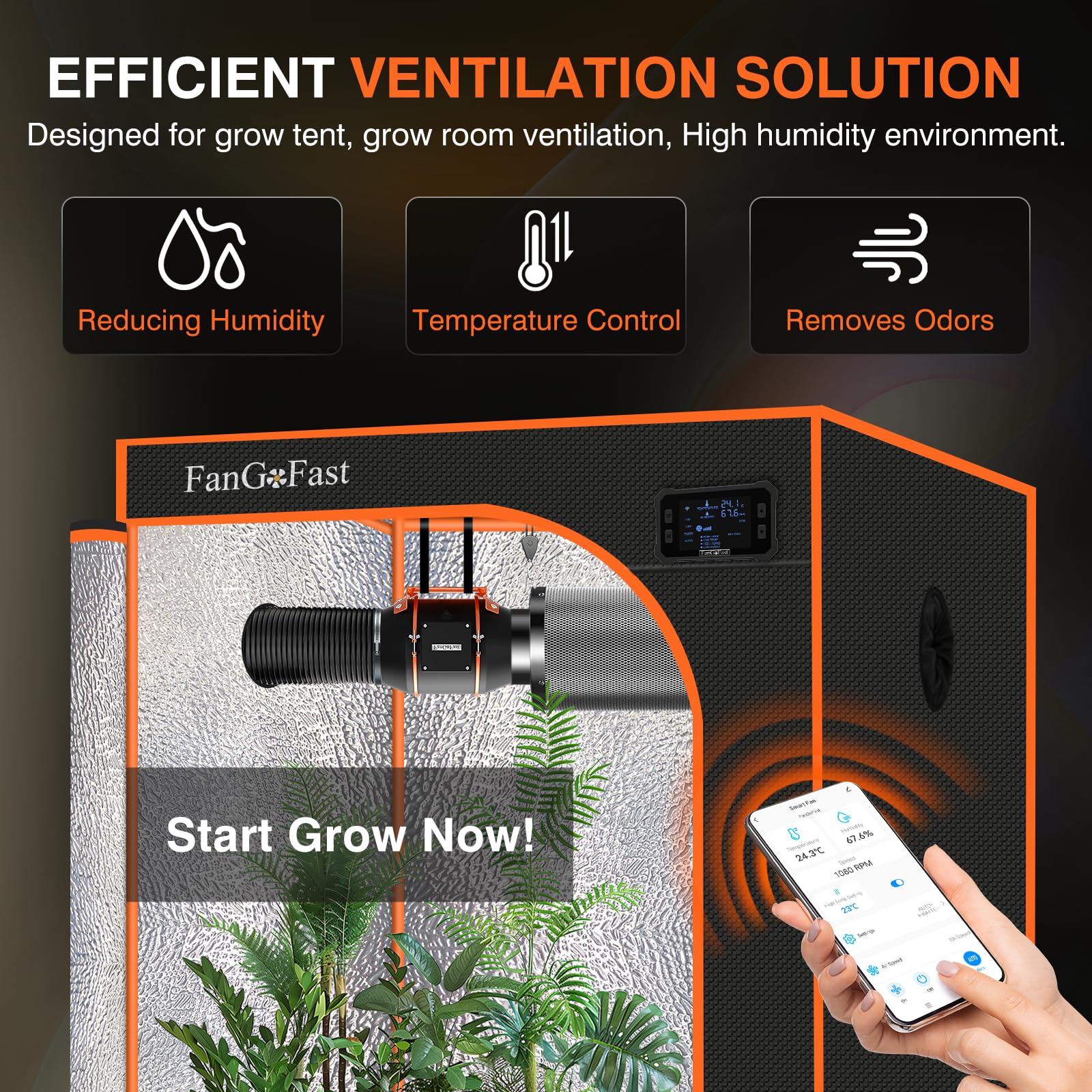 FanGoFast 150 mm WIFI APP Rohrventilator mit Temperatur- und Feuchtigkeitsregler, EC-Motor, 2550 U/min Abluftventilator für Supercharger, Zelte, Gewächshäuser und Growräume