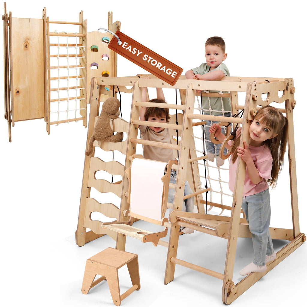 Goodevas Verbessert 9-in-1 Klettergerüst Indoor für Kinder, Montessori Klettergerüst mit Rutsche, Schaukel, Kletterwand, Kletterdreieck, Kunst hinzufügen – Spielplatz für Kinderzimmer