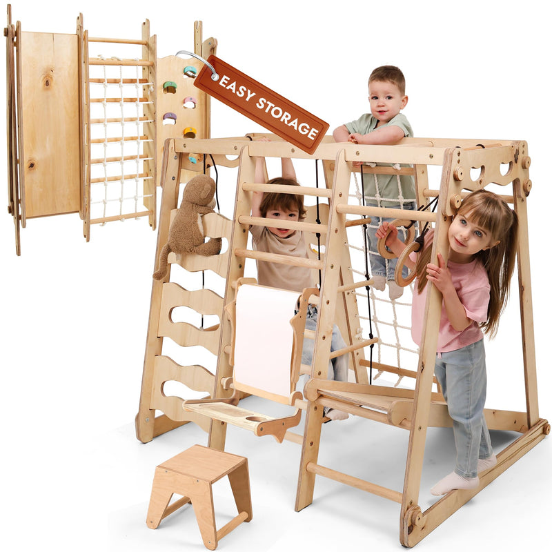 Goodevas Verbessert 9-in-1 Klettergerüst Indoor für Kinder, Montessori Klettergerüst mit Rutsche, Schaukel, Kletterwand, Kletterdreieck, Kunst hinzufügen – Spielplatz für Kinderzimmer