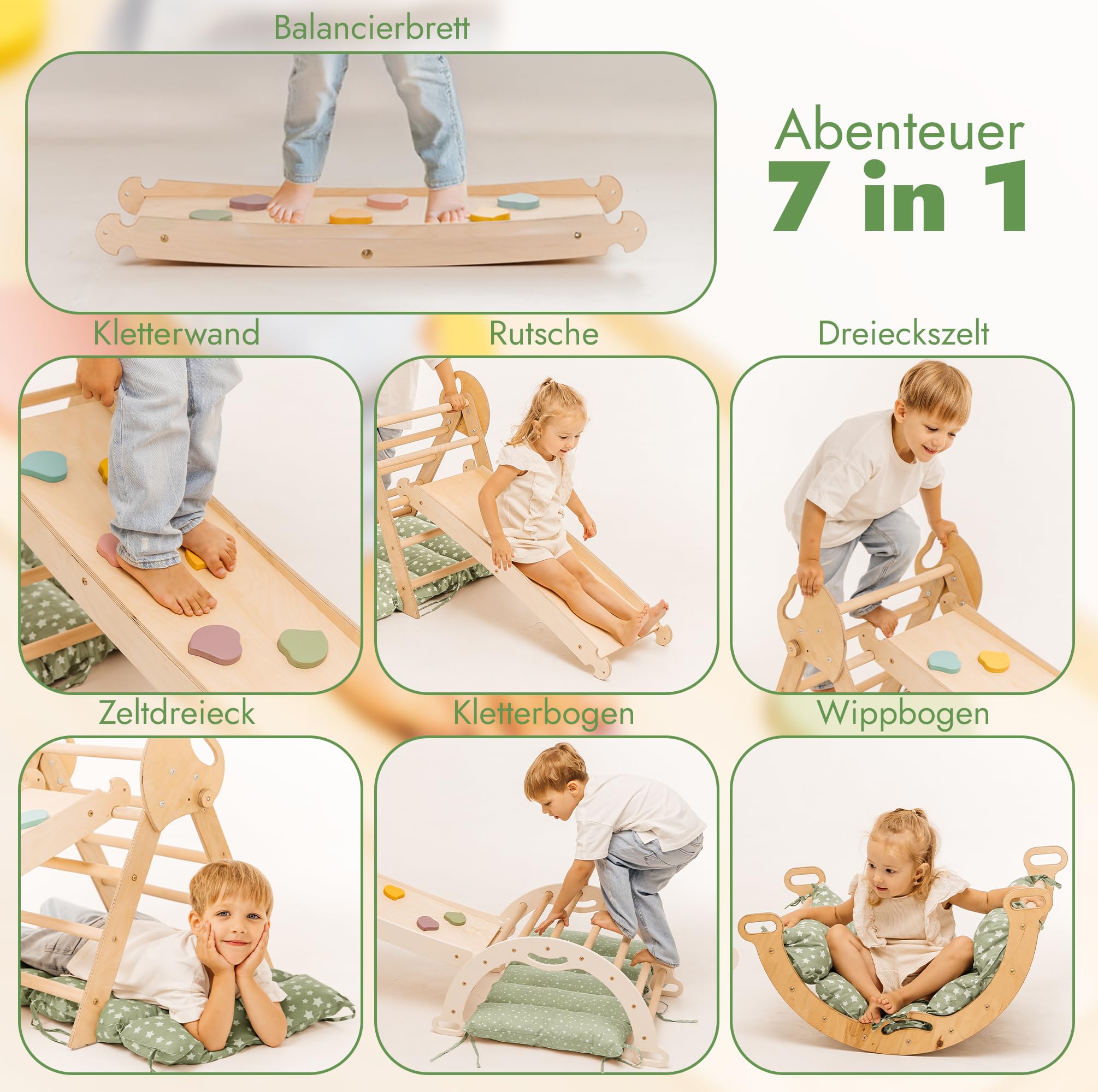Goodevas 5-in-1 Montessori Klettergerüst Set: Indoor Kletterdreieck, Kletterbogen mit Kissen, und Rutsche für Kinder, Indoor Spielplatz 1-3 Jahre