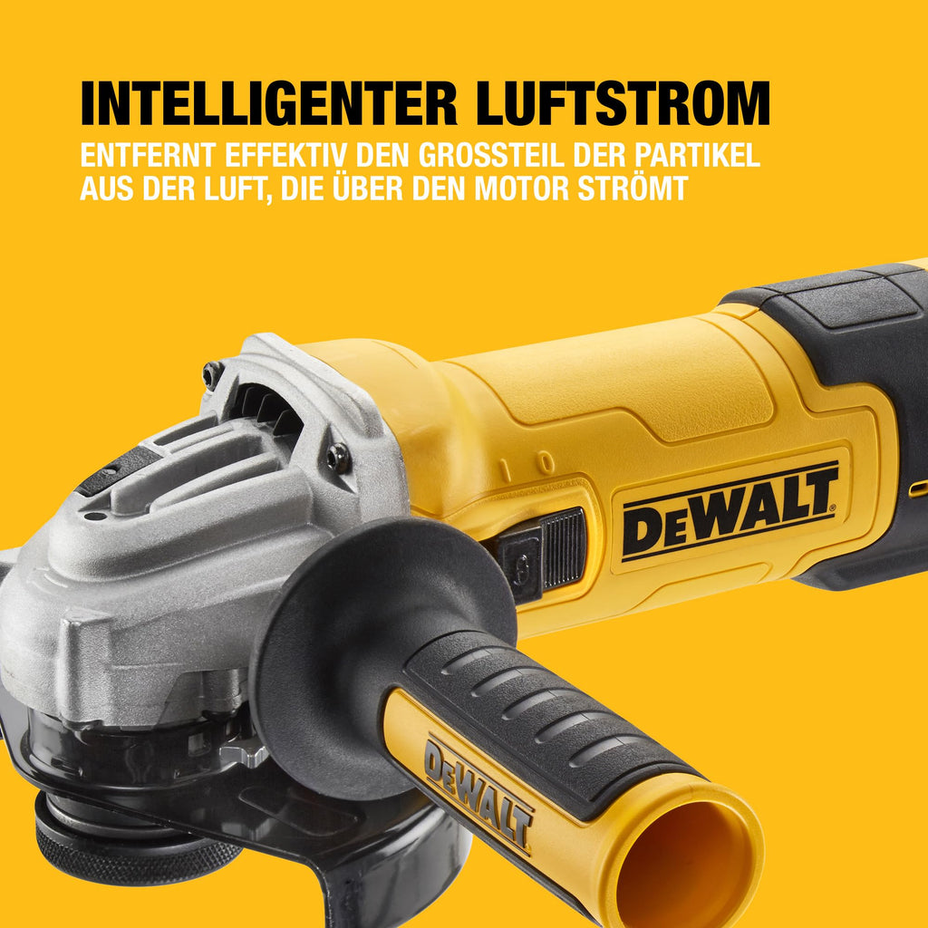 DEWALT 125 mm Winkelschleifer mit Beton-Oberflächenset DWE4257KT-QS (1.500 Watt, Epoxyd-Harz gepanzerte Wicklung, Sanftanlauf, mit 125mm Staubhaube, Bügelgriff und Diamant-Topfscheibe), DWE4257KT-QS