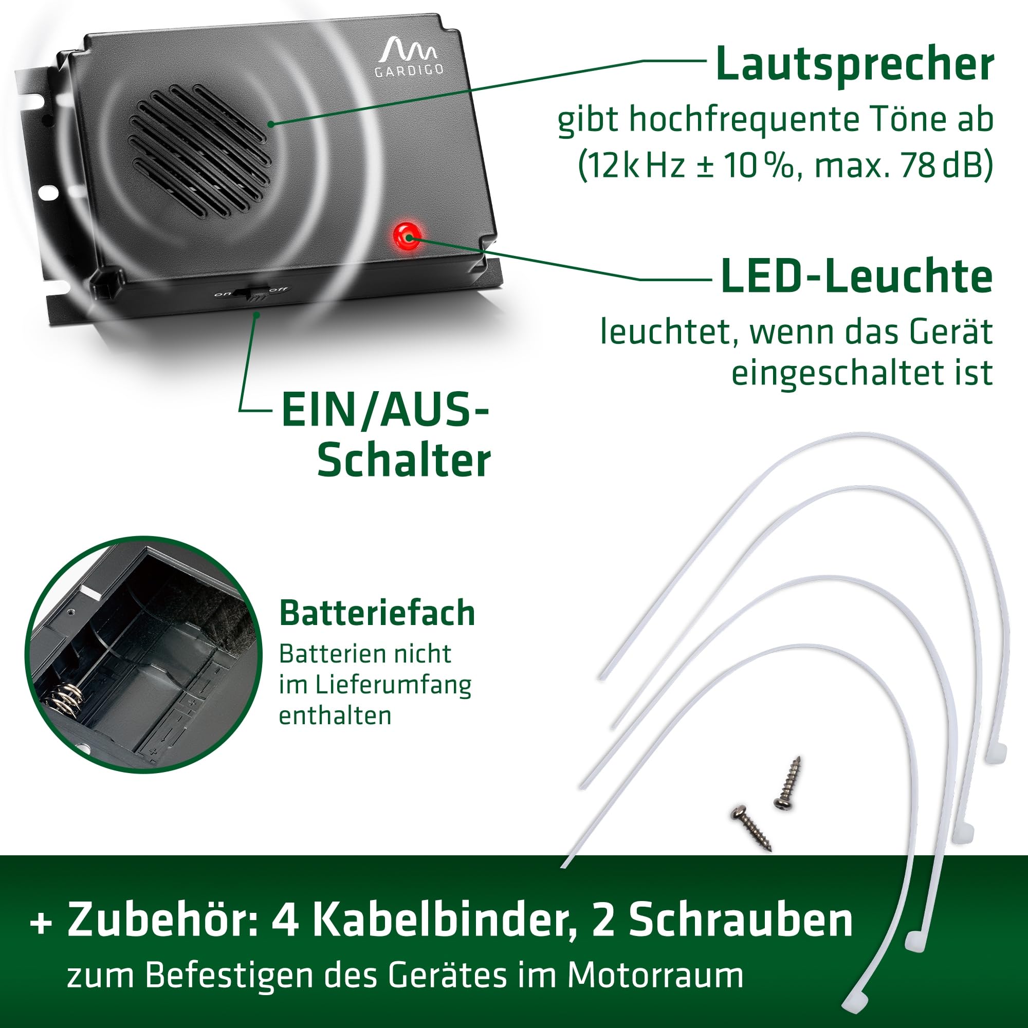 Gardigo® Marderschreck Marder-Frei Mobil - 2er Set | Marderschreck Auto | Ultraschall Marderabwehr | Marderschreck Auto Batteriebetrieben | Marderschutz für KFZ, Motorraum, Dachboden, Haus, Garten