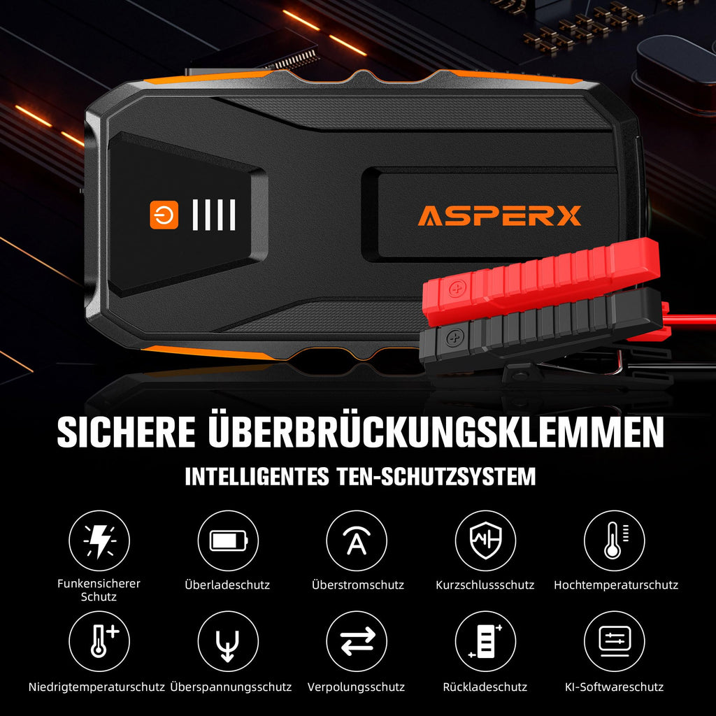 AsperX Starthilfe Powerbank 3000A 12V(Bis Zu 10,0L Benzin oder 8,0L Diesel) Auto Starthilfe mit Starthilfekabel,LED Taschenlampe,IP64 Wasserdicht,Jump Starter für PKW LKW UTV Van Motorrad
